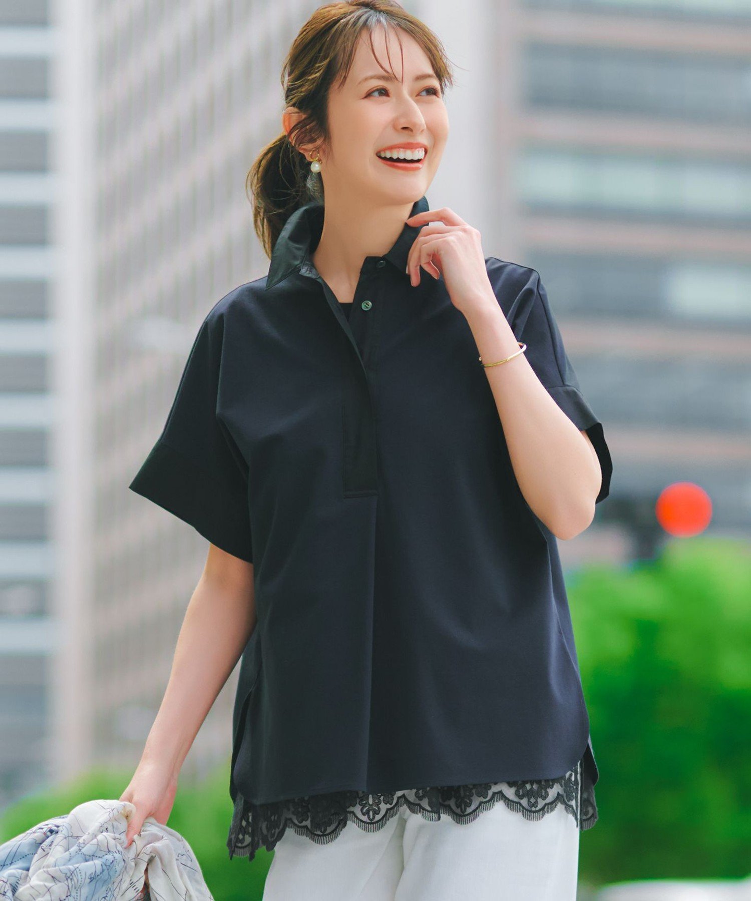 23区 L ファインツイストポンチ スキッパー カットソー ニジュウサンク トップス カットソー・Tシャツ ベージュ ネイビー
