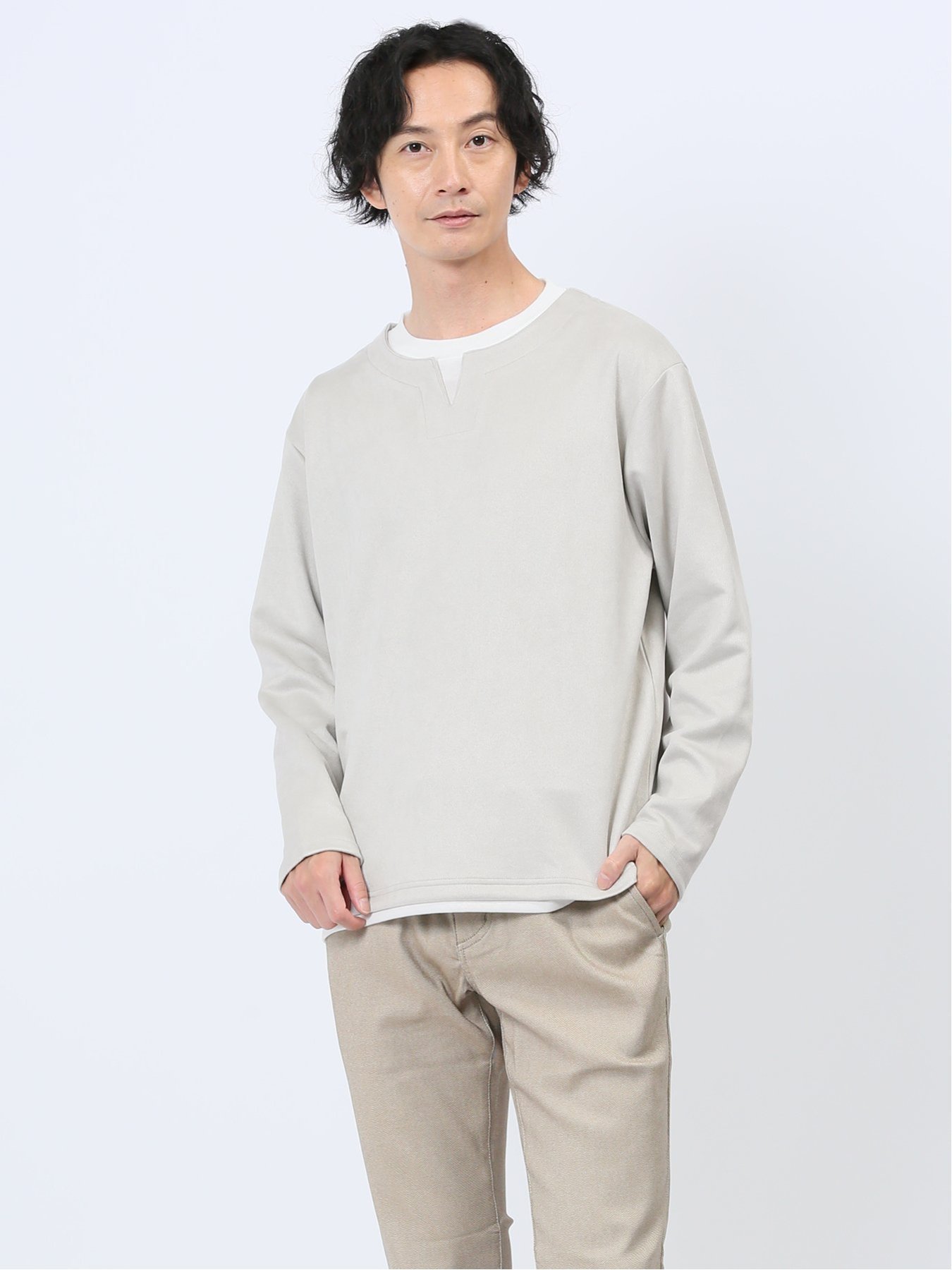 【SALE／42%OFF】m.f.editorial カットスエード フェイクキーネック長袖Tシャツ タカキュー トップス カットソー・Tシャツ グレー ベージュ