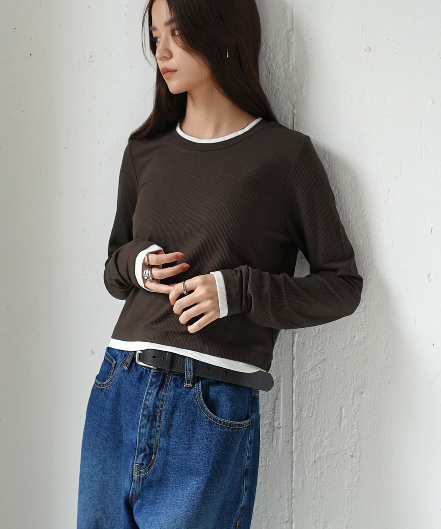 テレコリブ バイカラー レイヤード トップス ANME アンメ アンドミー トップス カットソー・Tシャツ ホワイト ブラック ブラウン グレー