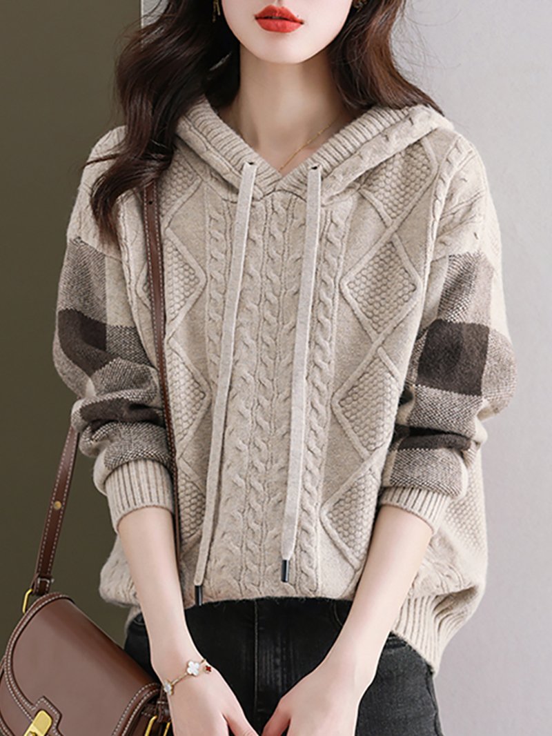 【SALE/30%OFF】Doux Belle ケーブル編みボーダー袖フード付きニット レディース ニット ドゥー・ベル トップス パーカー・フーディー レッド ベージュ【送料無料】