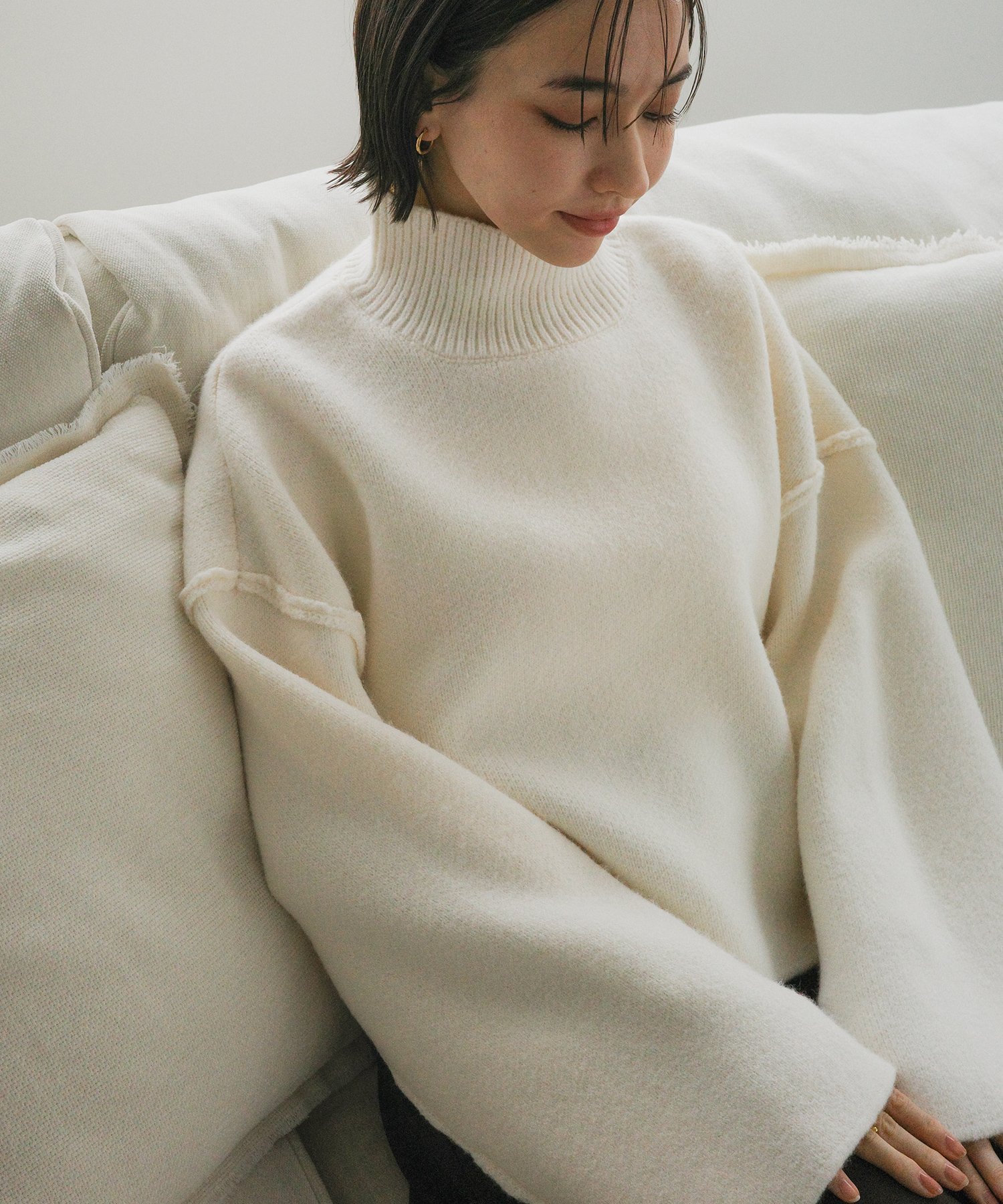 evernavy ゴマジャガード編み ハイネック ニットトップス evernavy エバーネイビー アンドミー トップ..