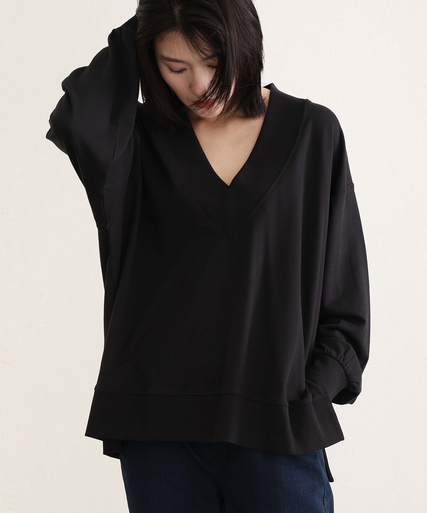 PourVous ミニ裏毛Vネックトップス カットソーきれいめトップス 長袖 ブラウス プールヴー トップス カ..