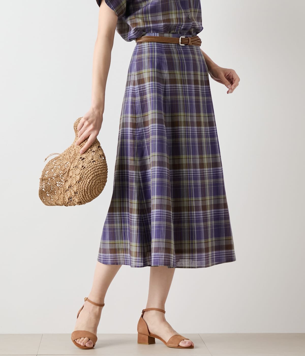 【SALE／27%OFF】NEWYORKER WOMEN L-SIZE 【L】リネン混マドラスチェック 6枚はぎフレアスカート ニューヨーカー エルサイズ スカート その他のスカート ブラウン ブルー【送料無料】