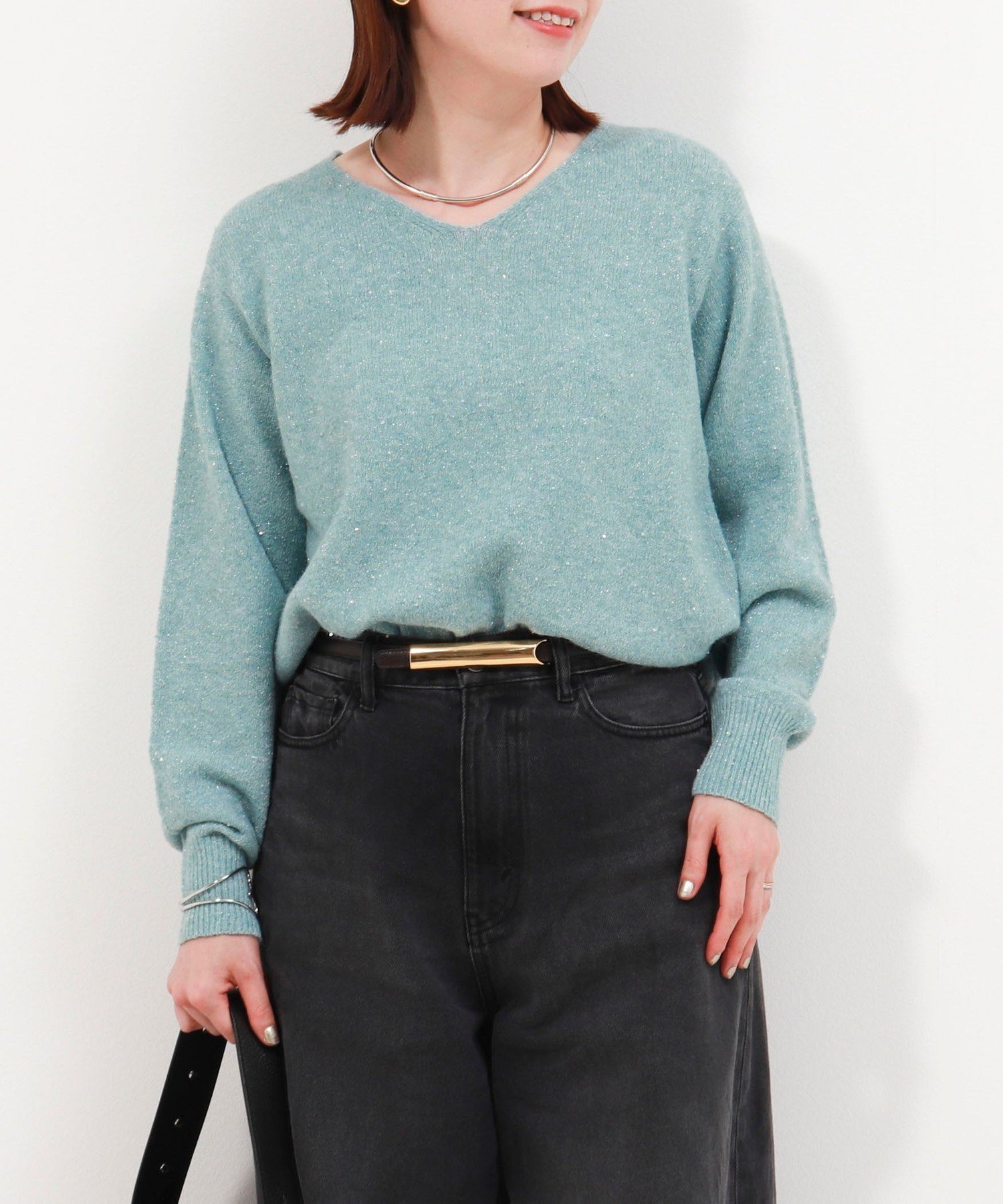 MICO COULIER スパンコールVネックプルオーバーニット ノーリーズ トップス ニット ベージュ ブルー パープル グレー【送料無料】のサムネイル