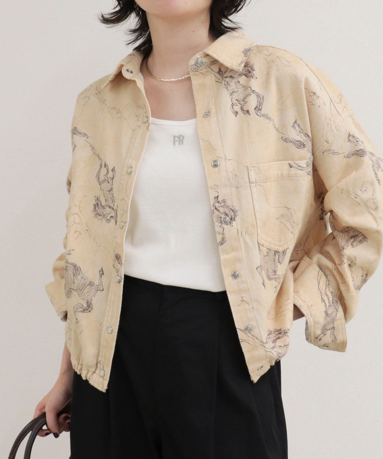 裾ドロストデニム/ホース柄シャツ フレディ アンド グロスター トップス シャツ・ブラウス ブルー ベージュ