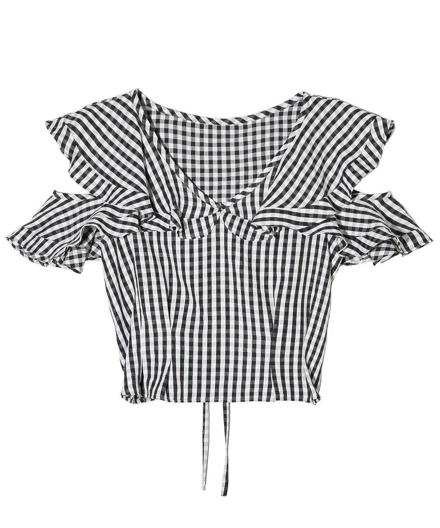 MILKFED. GINGHAM RUFFLE TOP ミルクフェド トップス シャツ・ブラウス ブラック ブルー ブラウン
