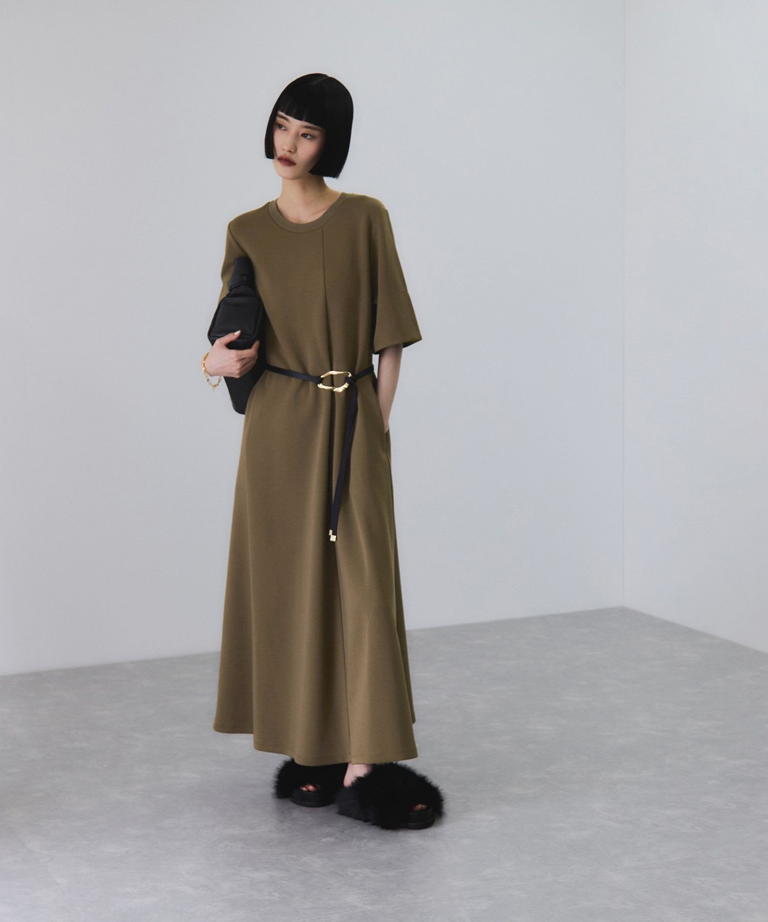 【SALE／60%OFF】ADAM ET ROPE' FEMME 【サステナブル】ベルトコンビアシメワンピース アダムエロペ ワンピース・ドレス ワンピース ブラウン ブラック【送料無料】