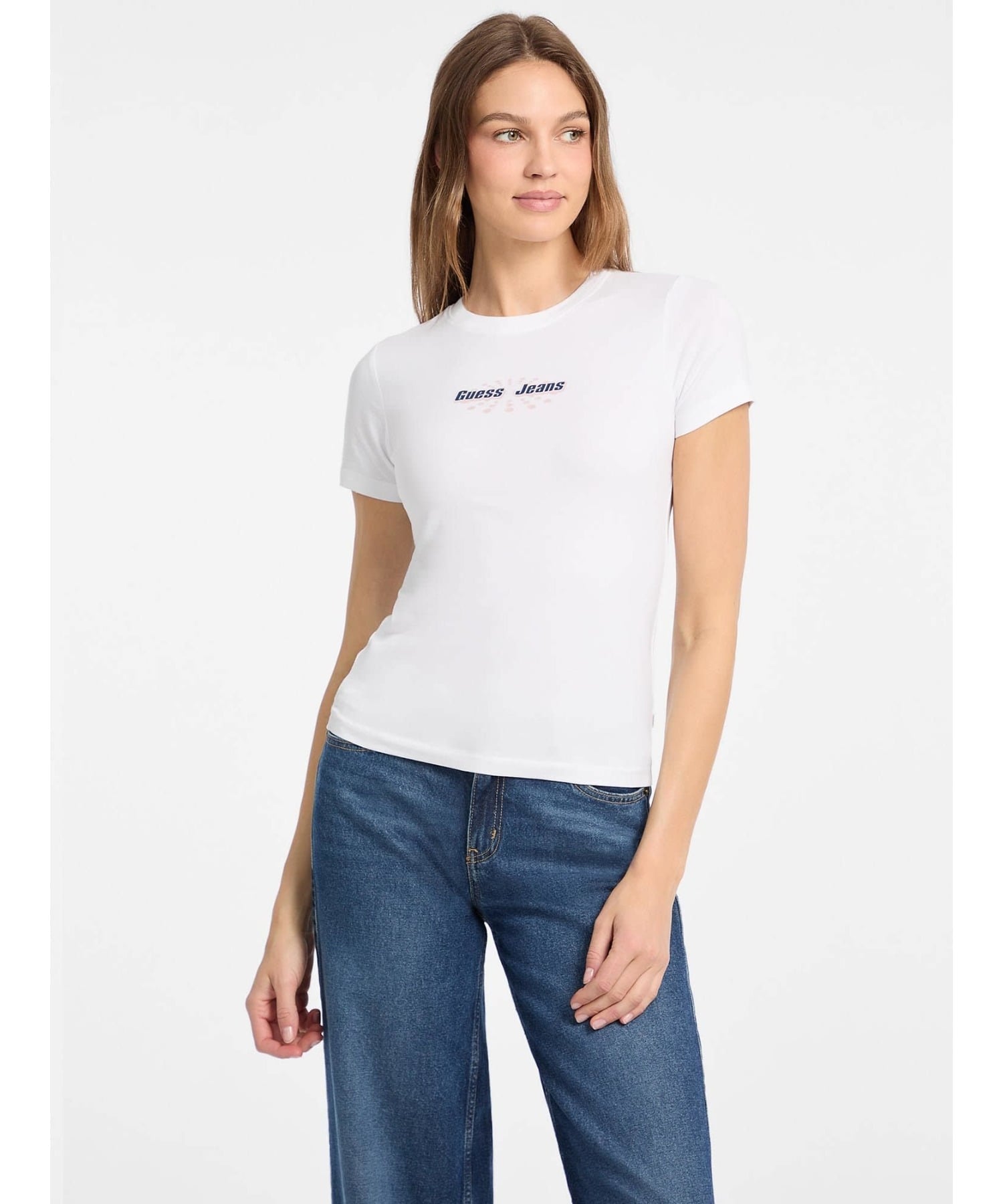 GUESS JEANS 半袖Tシャツ (W)Slim Rounded Logo Tee ゲス トップス カットソー・Tシャツ ホワイト ピンク ブラック