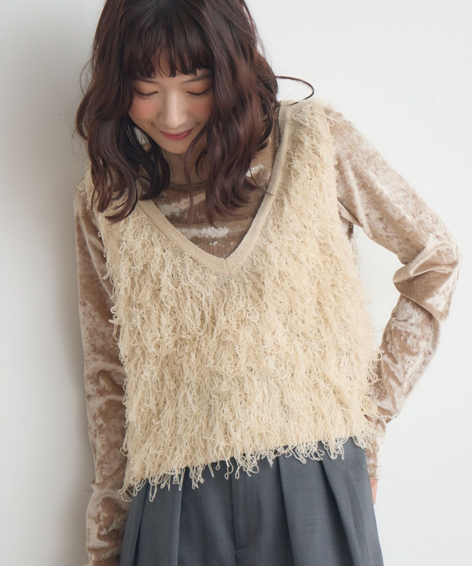 【SALE／10%OFF】RETRO GIRL ループNTベスト レトロガール トップス ベスト・ジレ ベージュ ブラック ブラウンのサムネイル