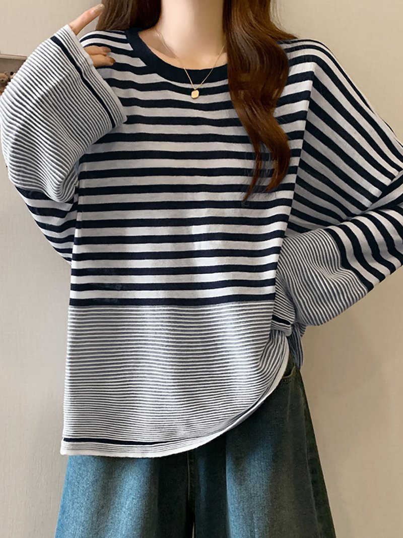 Doux Belle 太細ボーダー切替ゆるシルエットトップス レディース トップス ドゥー・ベル トップス カットソー・Tシャツ ネイビー【送料無料】