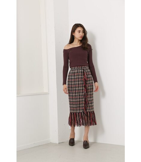 【SALE／50%OFF】rienda MLT Italian Tweed Fringe J/W SK リエンダ スカート ロング・マキシスカート ピンク パープル【送料無料】