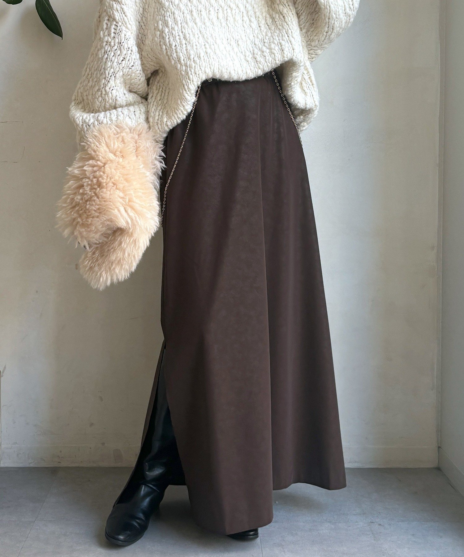 DouDou ヴィンテージフェイクレザーセミフレアスカート ドゥドゥ スカート ロング・マキシスカート ブラウン ブラック【送料無料】
