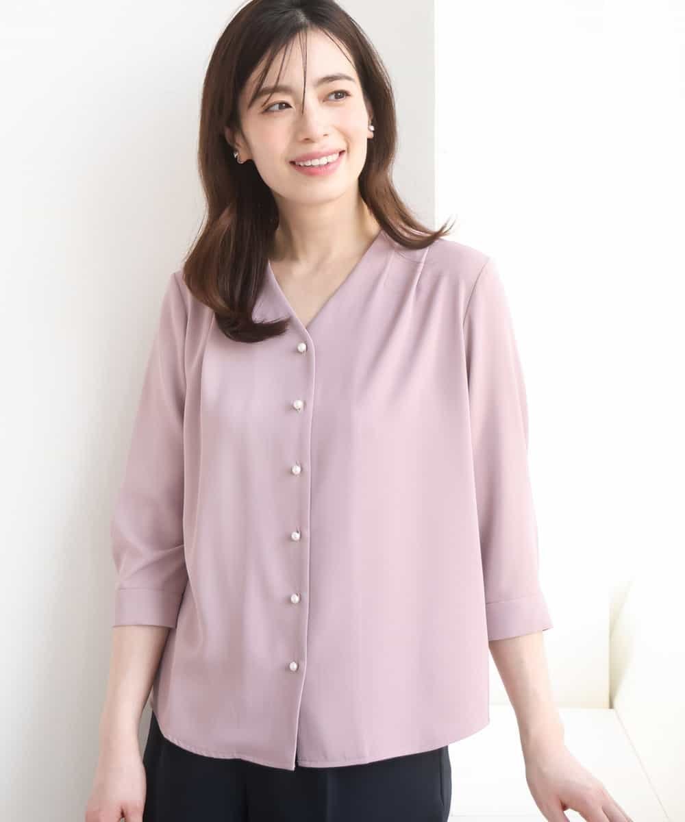 OFUON サテンジョーゼットVネックブラウス/接触冷感/UVカット/洗える/WEB限定サイズあり オフオン トップス シャツ・ブラウス ホワイト ネイビー ピンク