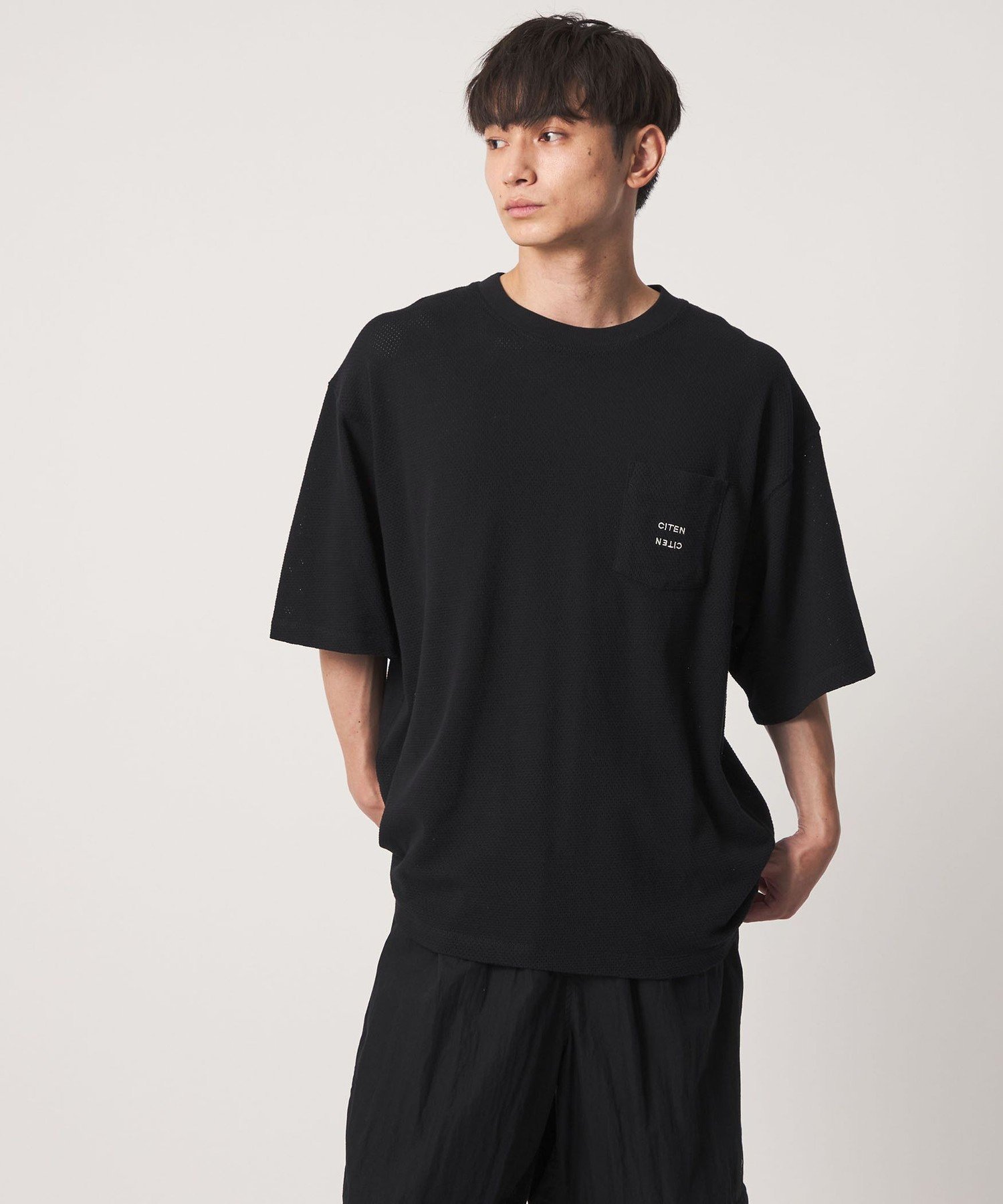 コットンメッシュポケットT シテン トップス カットソー・Tシャツ ブラック ホワイト