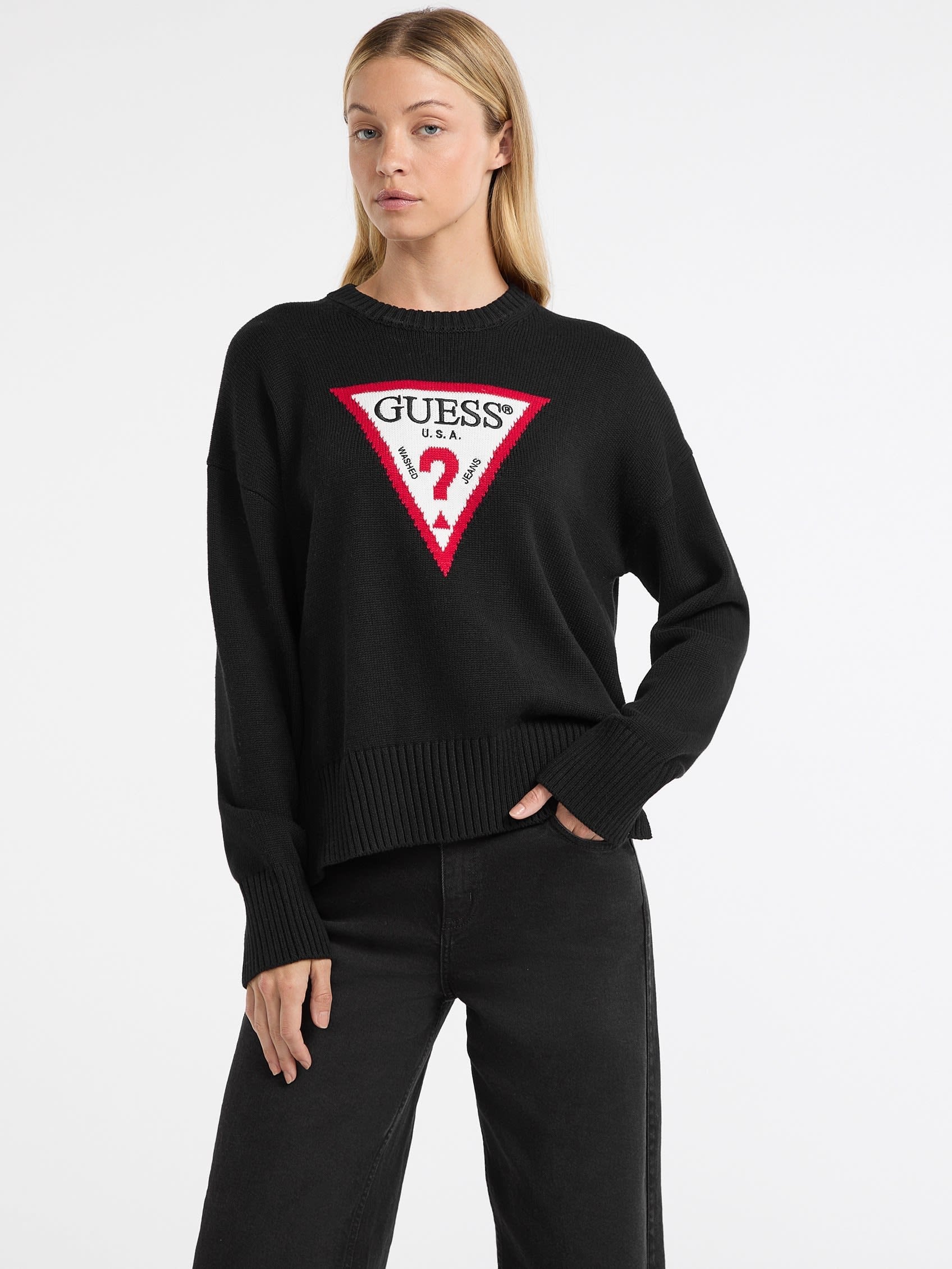 GUESS JEANS ロゴ セーター(W)GJ Big Triangle Sweater ゲス トップス ニット ブラック ホワイト
