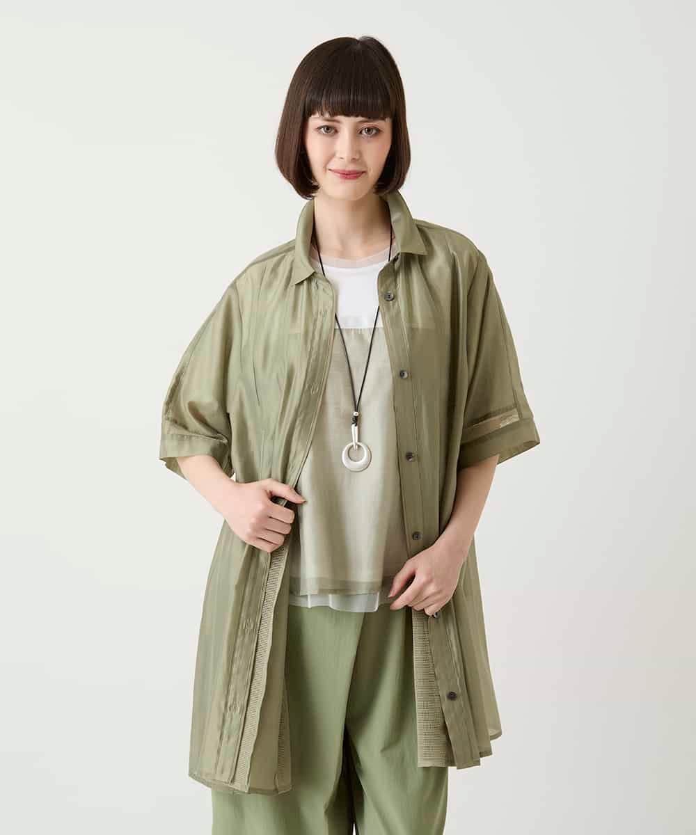 HIROKO BIS GRANDE メッシュアクセントシアーチュニックシャツ /洗える ヒロコ ビス グランデ トップス シャツ・ブラウス ブラウン カーキグリーン