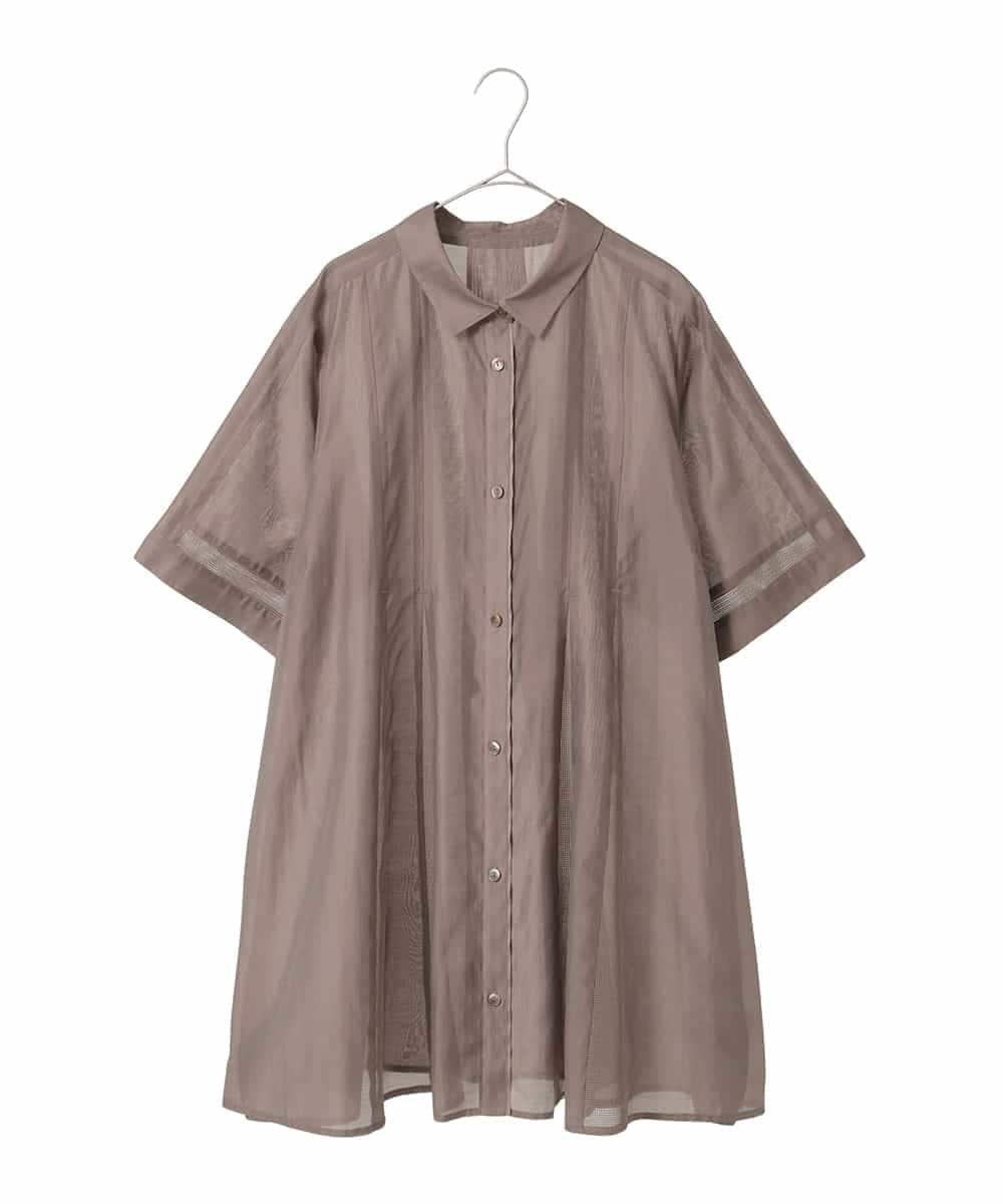 HIROKO BIS GRANDE メッシュアクセントシアーチュニックシャツ /洗える ヒロコ ビス グランデ トップス シャツ・ブラウス ブラウン カーキグリーン