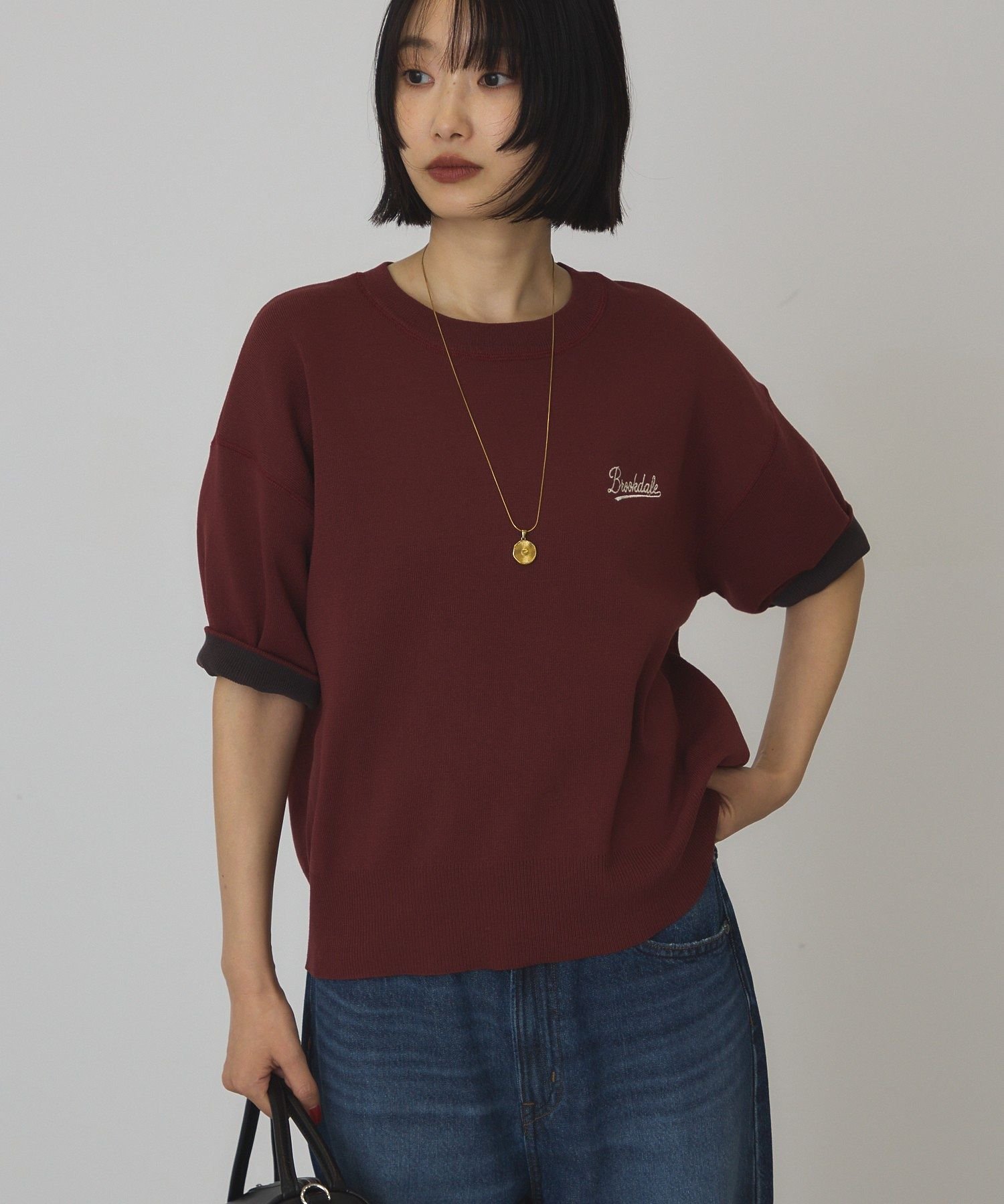 AMERICAN HOLIC スウェットライクロゴニットプルオーバー アメリカンホリック トップス ニット レッド ブラウン グリーン ネイビー【送料無料】