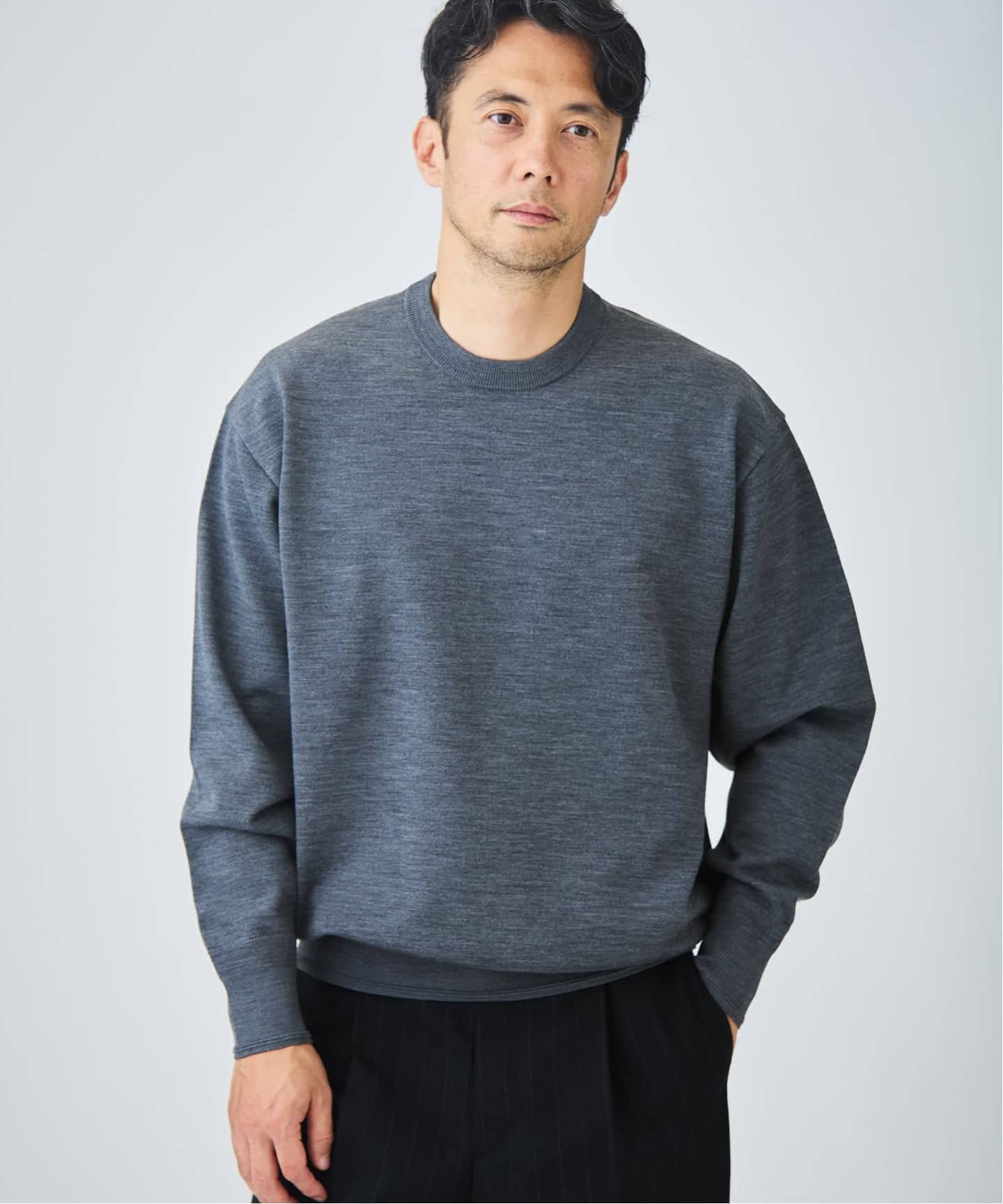EDIFICE 《EDIFICE by PIPPIOLINO》ウール プレイティング クルーネック エディフィス トップス ニット グレー ブラック【送料無料】
