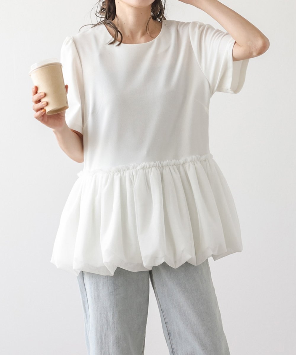 La-gemme バルーンペプラムトップス ラジュール トップス カットソー・Tシャツ ブラック ホワイト