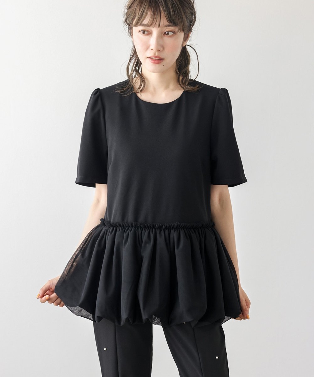 La-gemme バルーンペプラムトップス ラジュール トップス カットソー・Tシャツ ブラック ホワイト