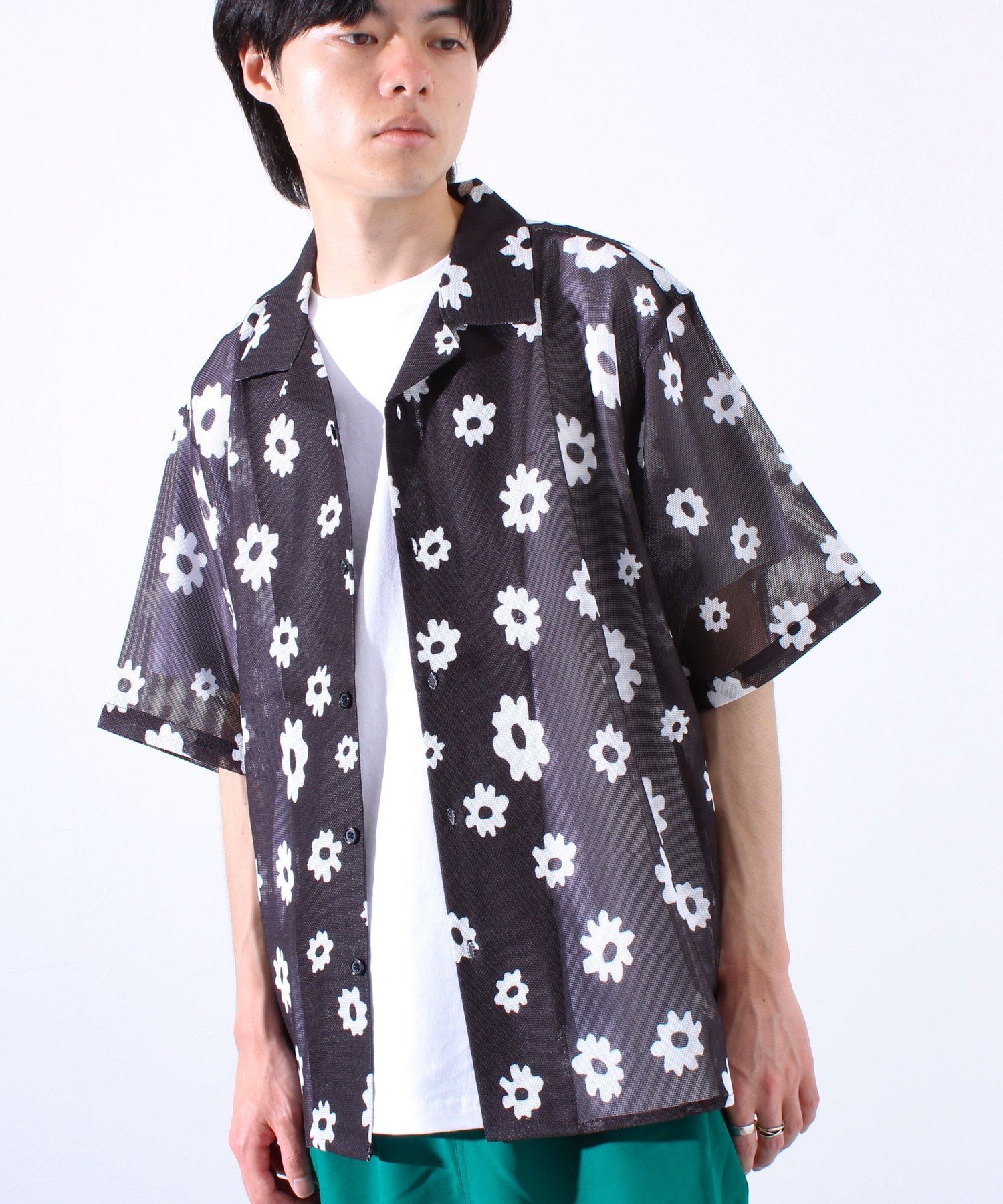 GLOSTER 【GLOSTER/グロスター】フラワーメッシュシャツ ショートスリーブ オープンカラー 開襟シャツ フレディ アンド グロスター トップス シャツ・ブラウス イエロー ブルー ブラック【送料無料】のサムネイル