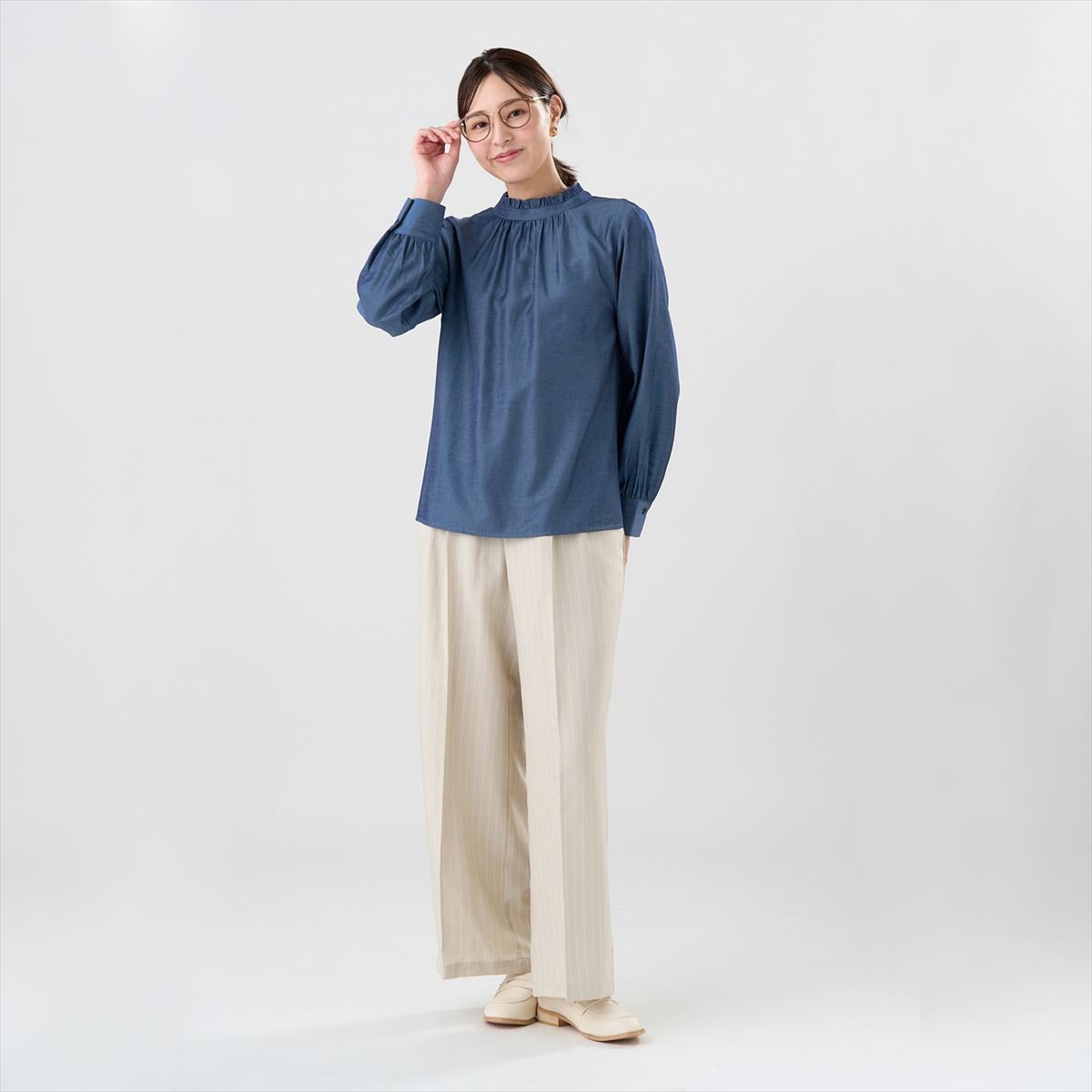 デニム風 衿フリル ブラウス 長袖 レディース BL02J501DH10X00-20 トーキョーシャツ トップス シャツ・ブラウス ブルー