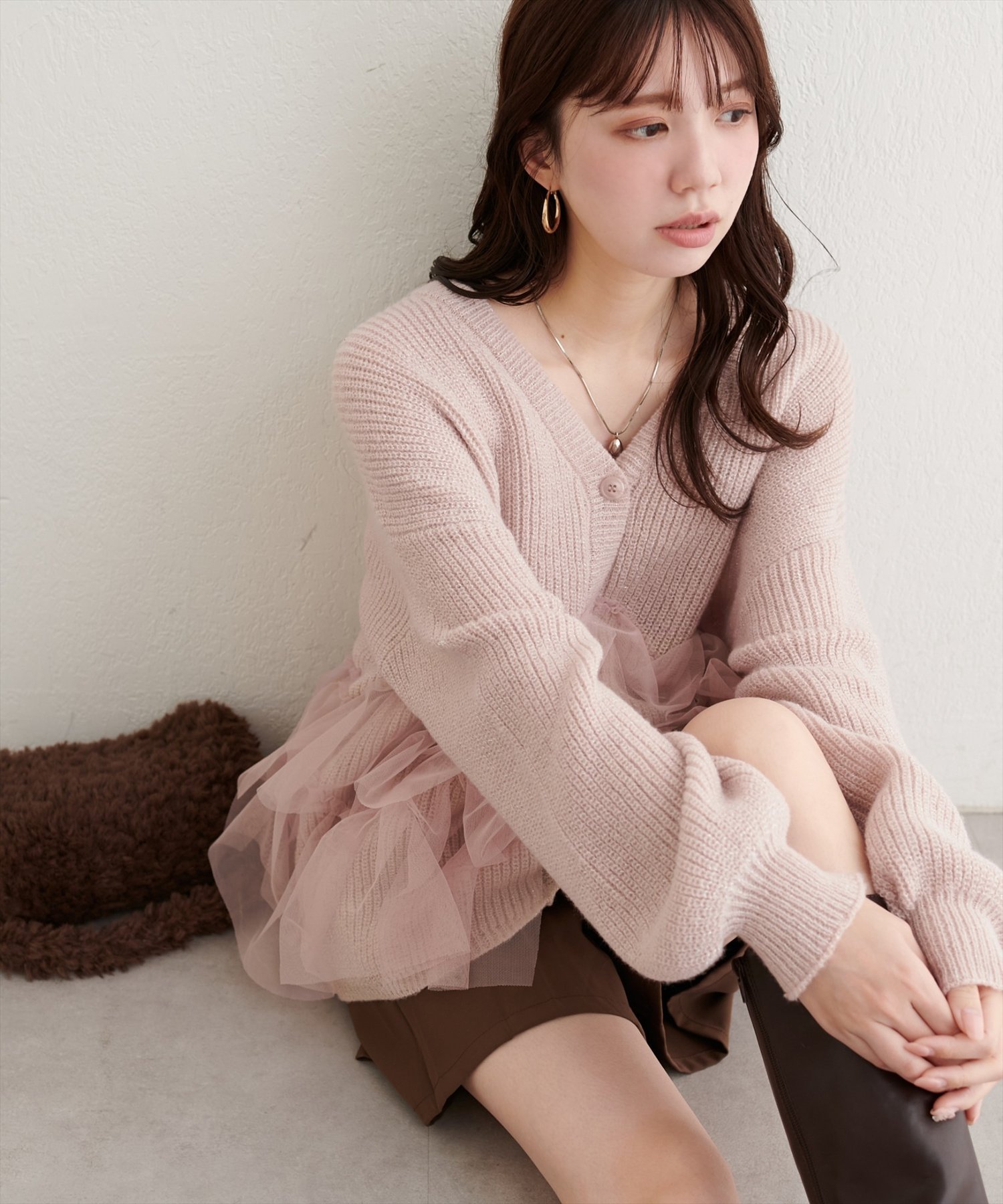 natural couture チュール重ねカーディガン ナチュラルクチュール トップス カーディガン ベージュ ホワイト ブラウン ピンク【送料無料】のサムネイル