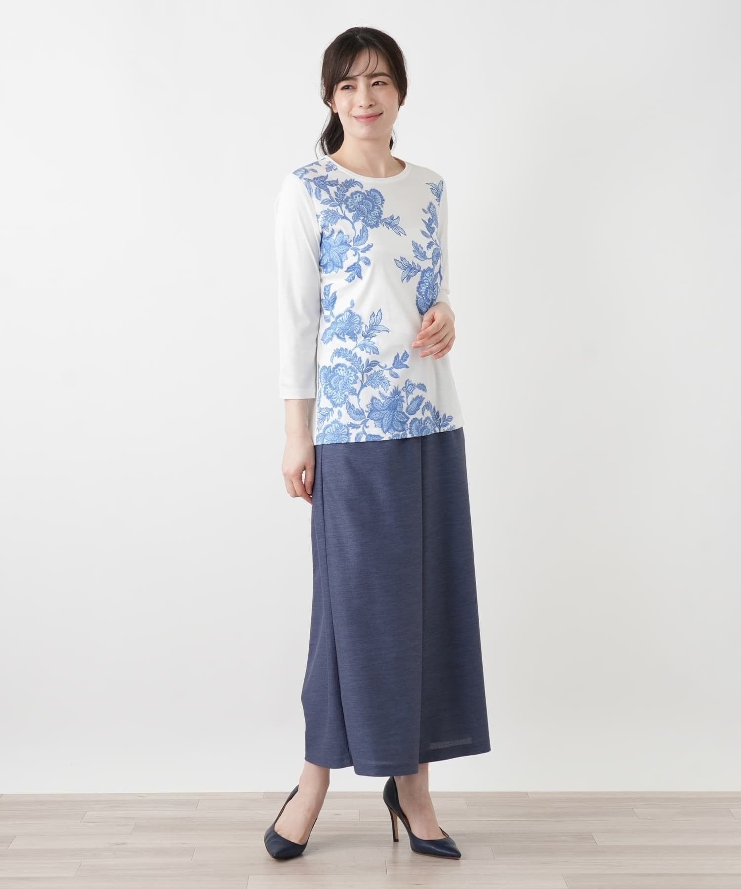 Leilian プリント七分袖カットソー レリアン トップス カットソー・Tシャツ ブルー