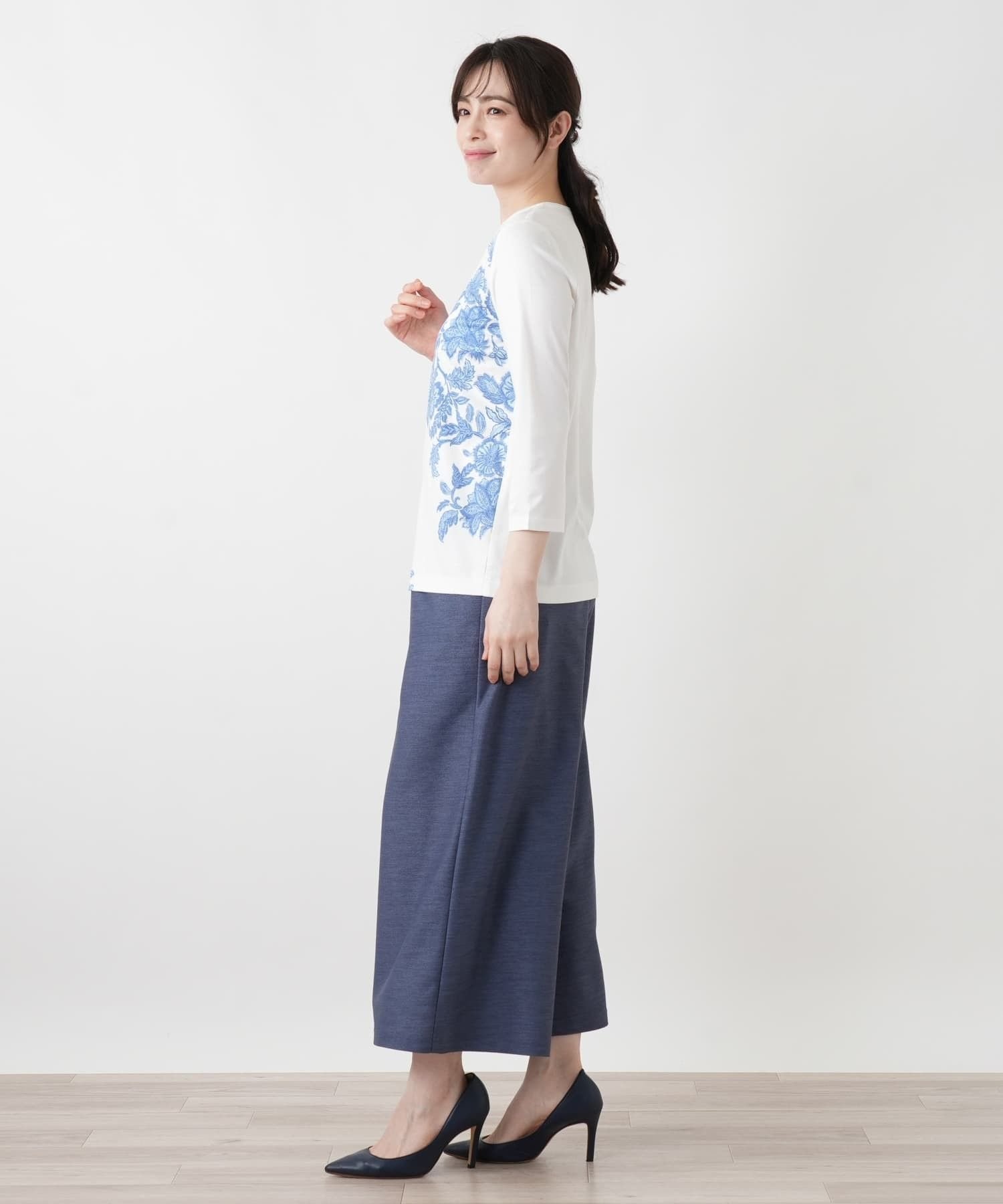 Leilian プリント七分袖カットソー レリアン トップス カットソー・Tシャツ ブルー