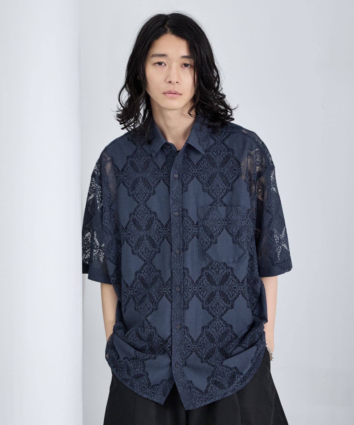 RAGEBLUE レース編み柄シャツ レイジブルー トップス シャツ・ブラウス ブラック ...