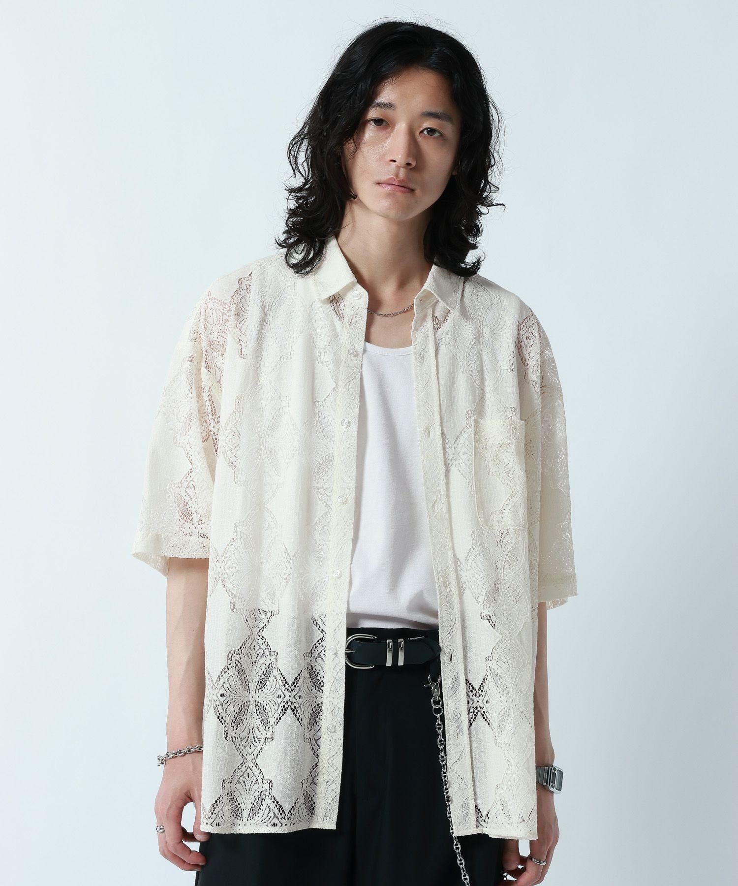 RAGEBLUE レース編み柄シャツ レイジブルー トップス シャツ・ブラウス ブラック ...