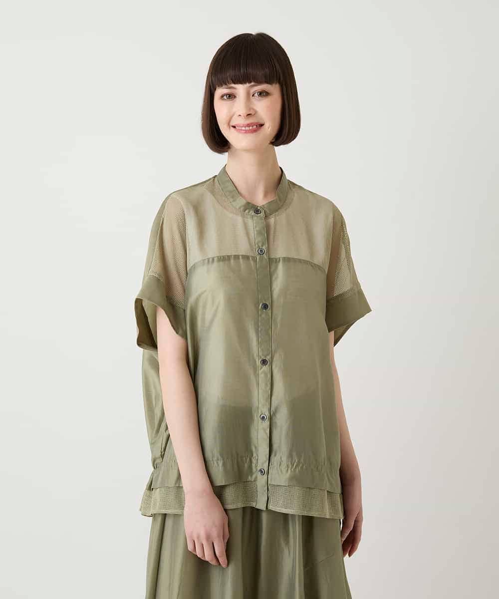 HIROKO BIS メッシュアクセントスクエアシルエットブラウス /洗える ヒロコ ビス トップス シャツ・ブラウス カーキグリーン ブラウン