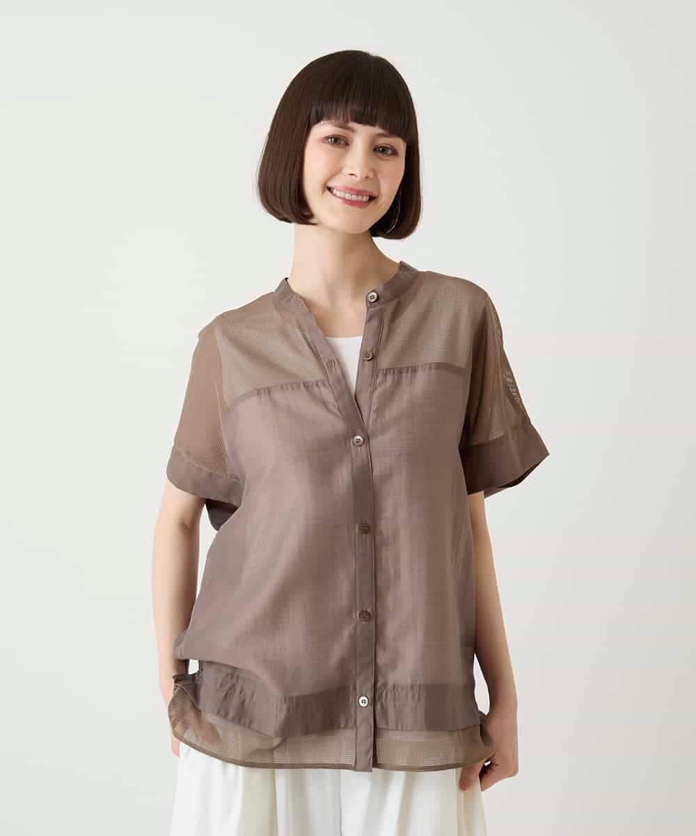 HIROKO BIS メッシュアクセントスクエアシルエットブラウス /洗える ヒロコ ビス トップス シャツ・ブラウス カーキグリーン ブラウン