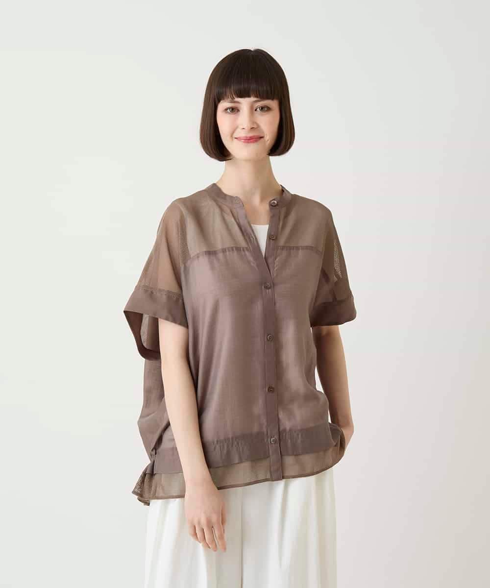 HIROKO BIS メッシュアクセントスクエアシルエットブラウス /洗える ヒロコ ビス トップス シャツ・ブラウス カーキグリーン ブラウン