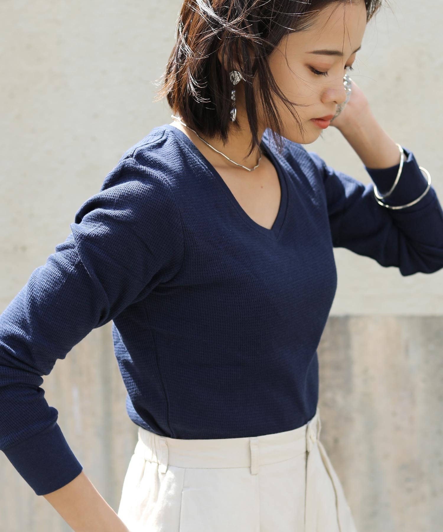 FashionLetter ワッフルサーマルVネックコットンTシャツ ロンT 20ss ビーフラット トップス カットソー・Tシャツ ネイビー ブラック ホワイト カーキグリーン グレー