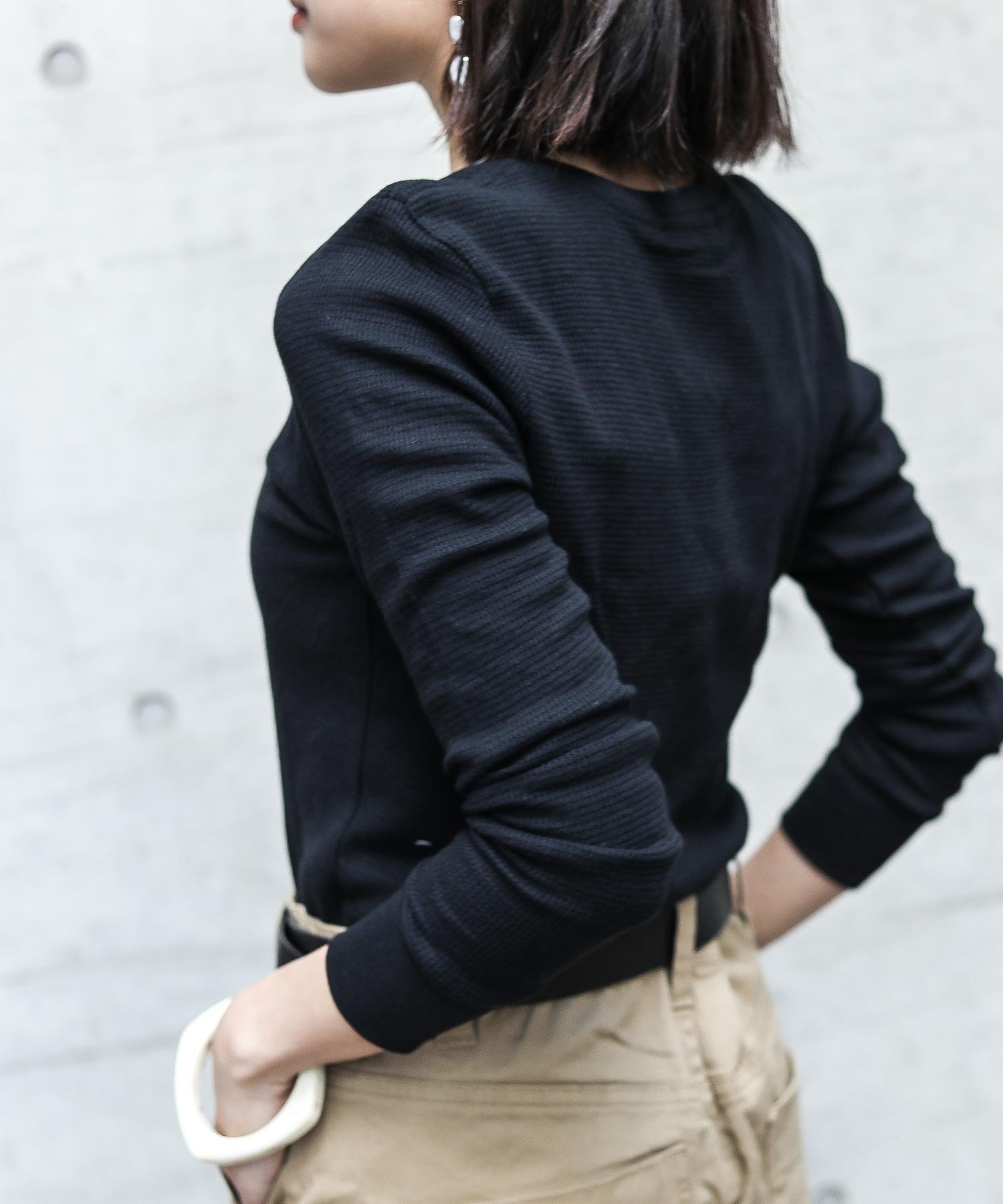 FashionLetter ワッフルサーマルVネックコットンTシャツ ロンT 20ss ビーフラット トップス カットソー・Tシャツ ネイビー ブラック ホワイト カーキグリーン グレー