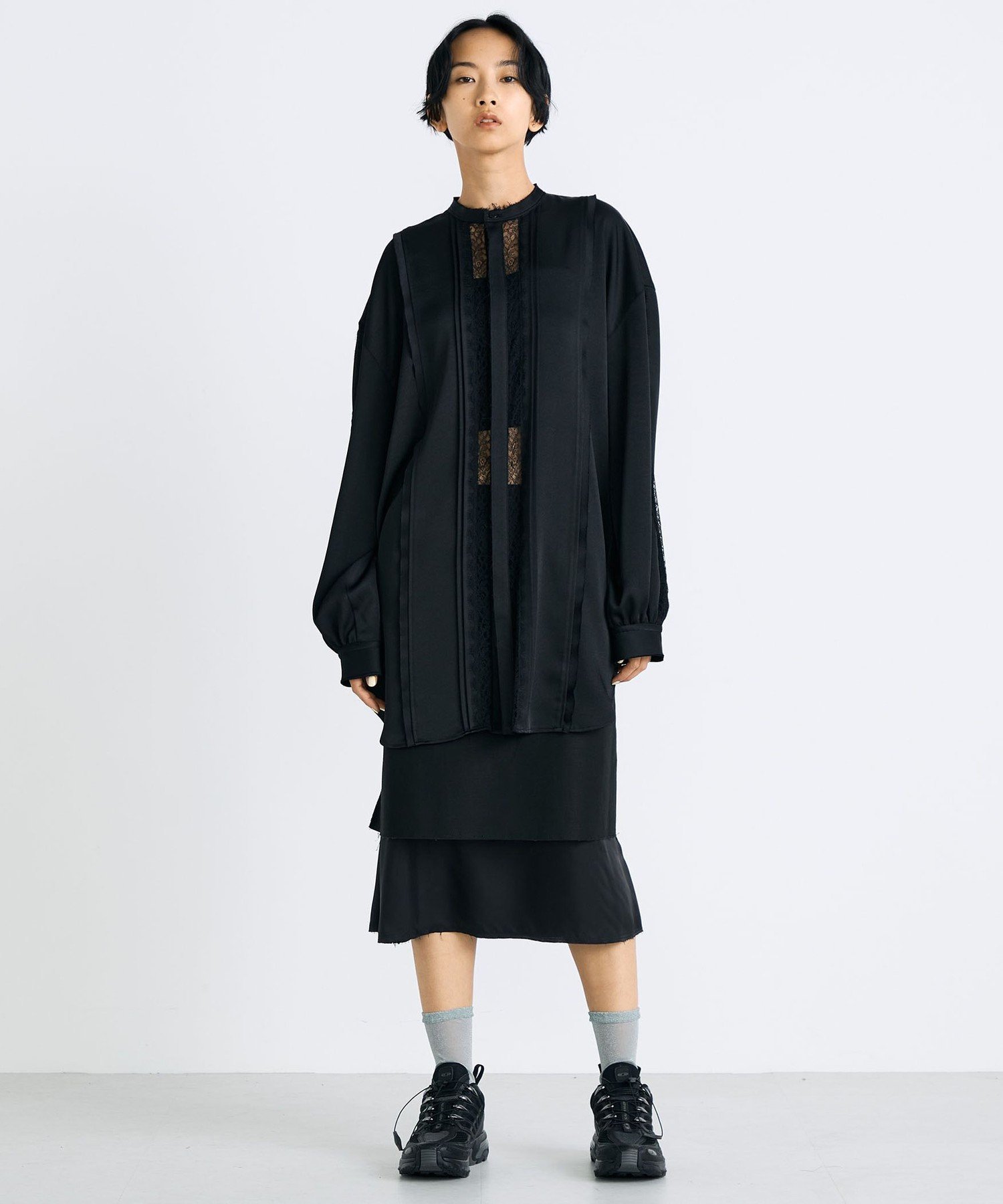 【SALE／40%OFF】EDITION ジョーゼットレース オーバーサイズドシャツ トゥモローランド トップス シャツ・ブラウス ブラック【送料無料】