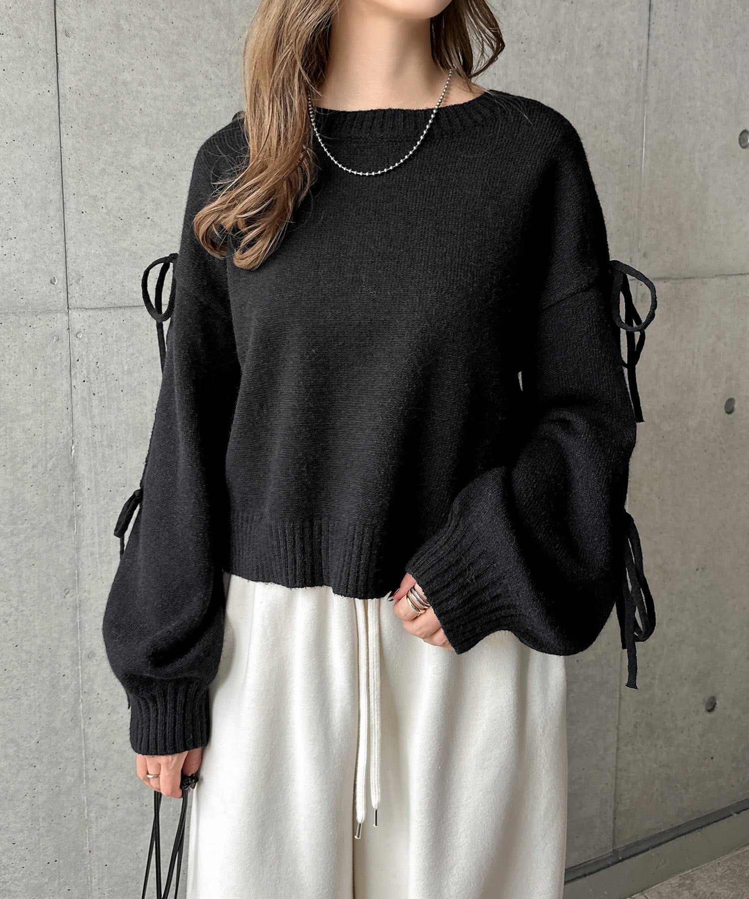 andme 袖スリット リボン 長袖 ニット トップス アンドミー トップス ニット ブラウン ホワイト ブラック【送料無料】のサムネイル