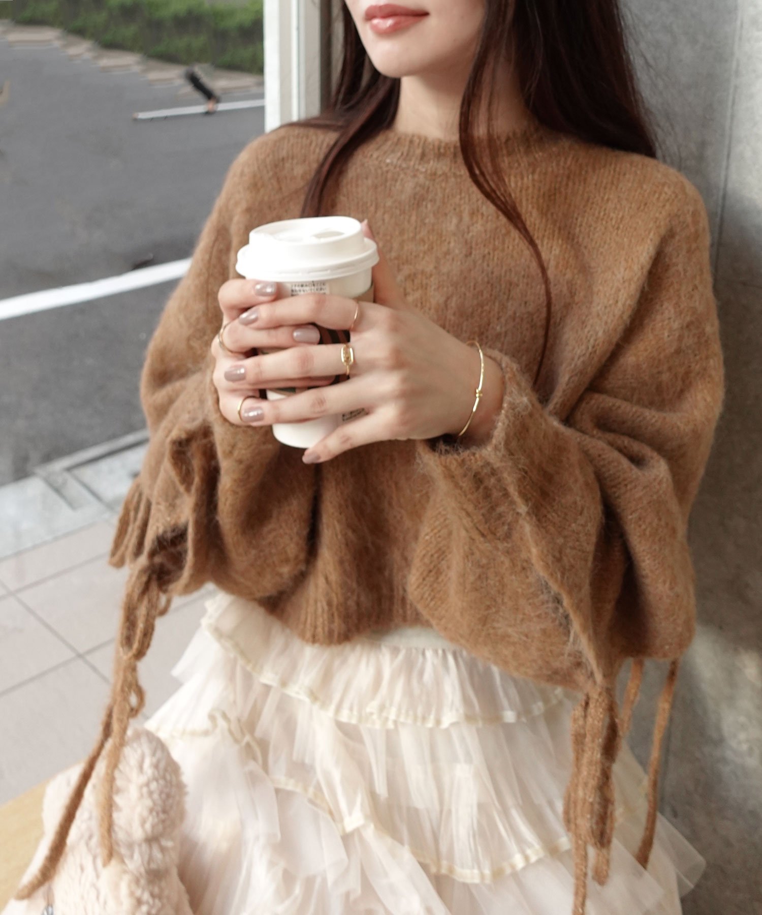 CORNERS 袖リボン起毛シャギーショートニット コーナーズ トップス ニット ベージュ【送料無料】