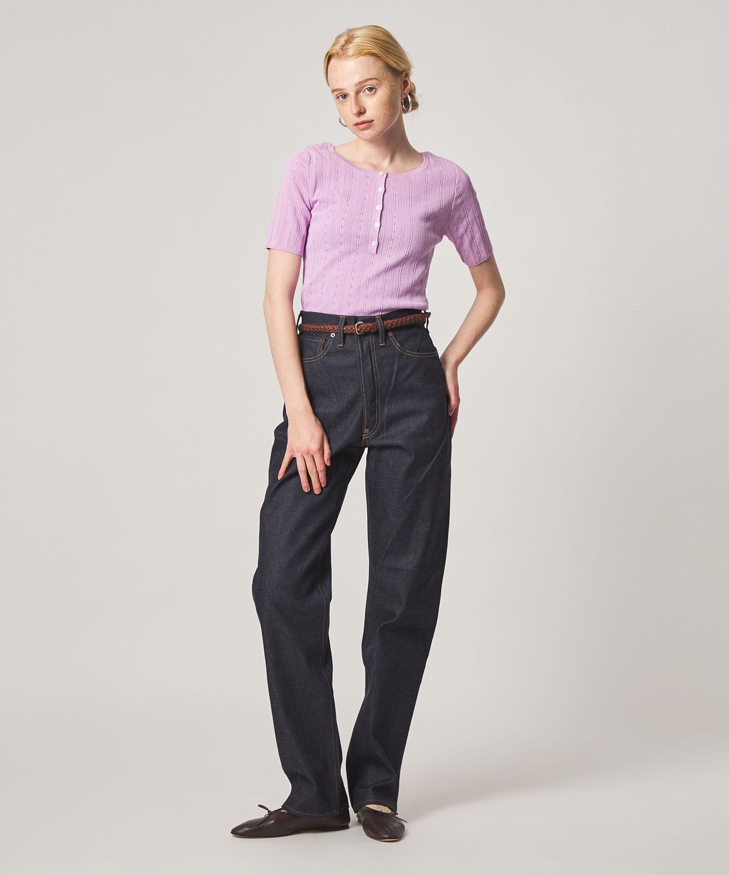 Steven Alan ＜Steven Alan＞アイレット リブ ヘンリーネック プルオーバー ビューティー＆ユース ユナイテッドアローズ トップス ニット グレー ピンク