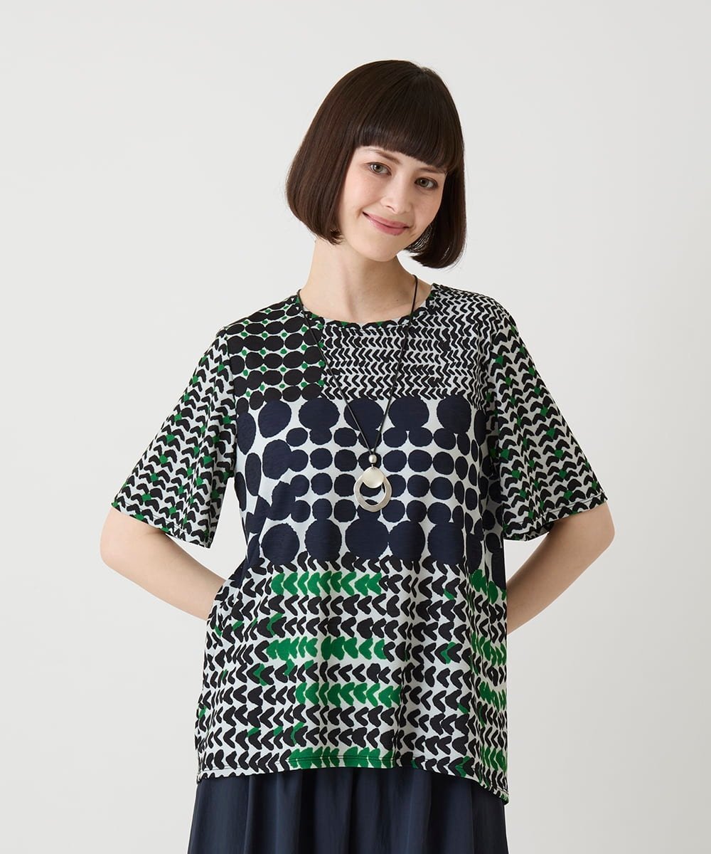 HIROKO BIS グラフィカルデザインカットソー /洗濯機で洗える ヒロコ ビス トップス カットソー・Tシャツ グリーン