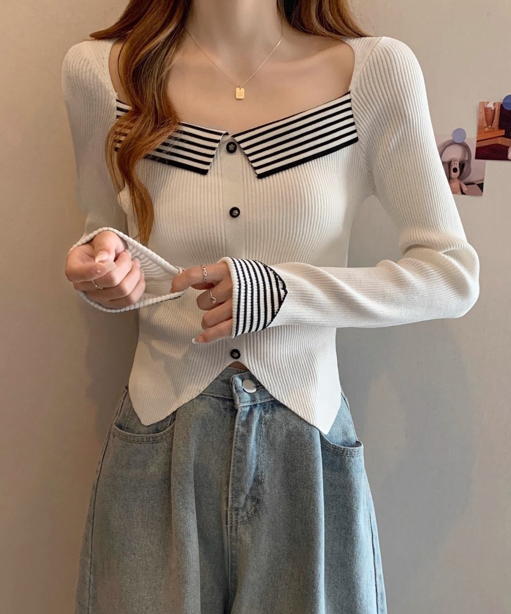 miniministore ニットトップス スクエアネック 韓国風 ミニミニストア トップス ニット ブラック ホワイト