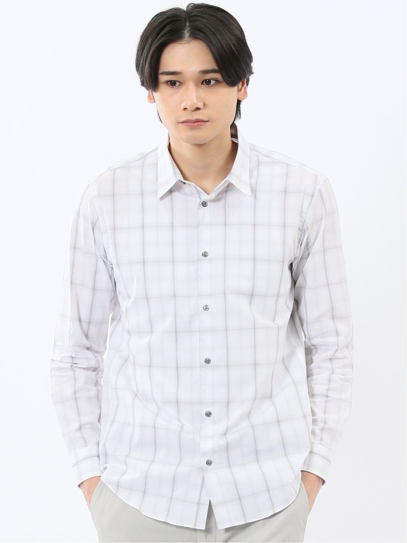 【SALE／30%OFF】TAKA-Q ストレッチ 綿チェック レギュラーカラー 長袖 シャツ タカキュー トップス シャツ・ブラウス ホワイト ネイビー