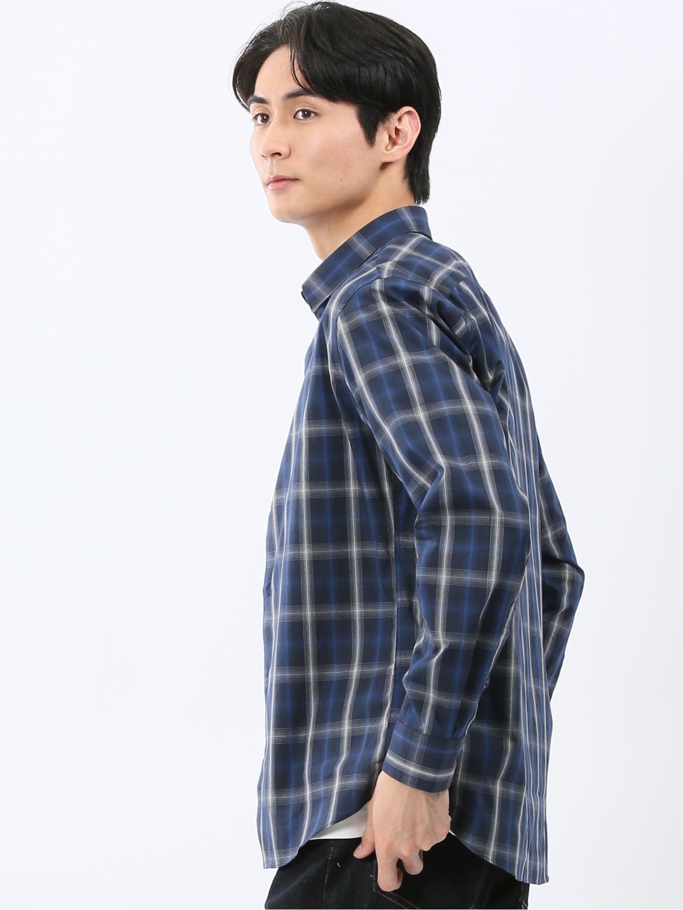 【SALE／30%OFF】TAKA-Q ストレッチ 綿チェック レギュラーカラー 長袖 シャツ タカキュー トップス シャツ・ブラウス ホワイト ネイビー