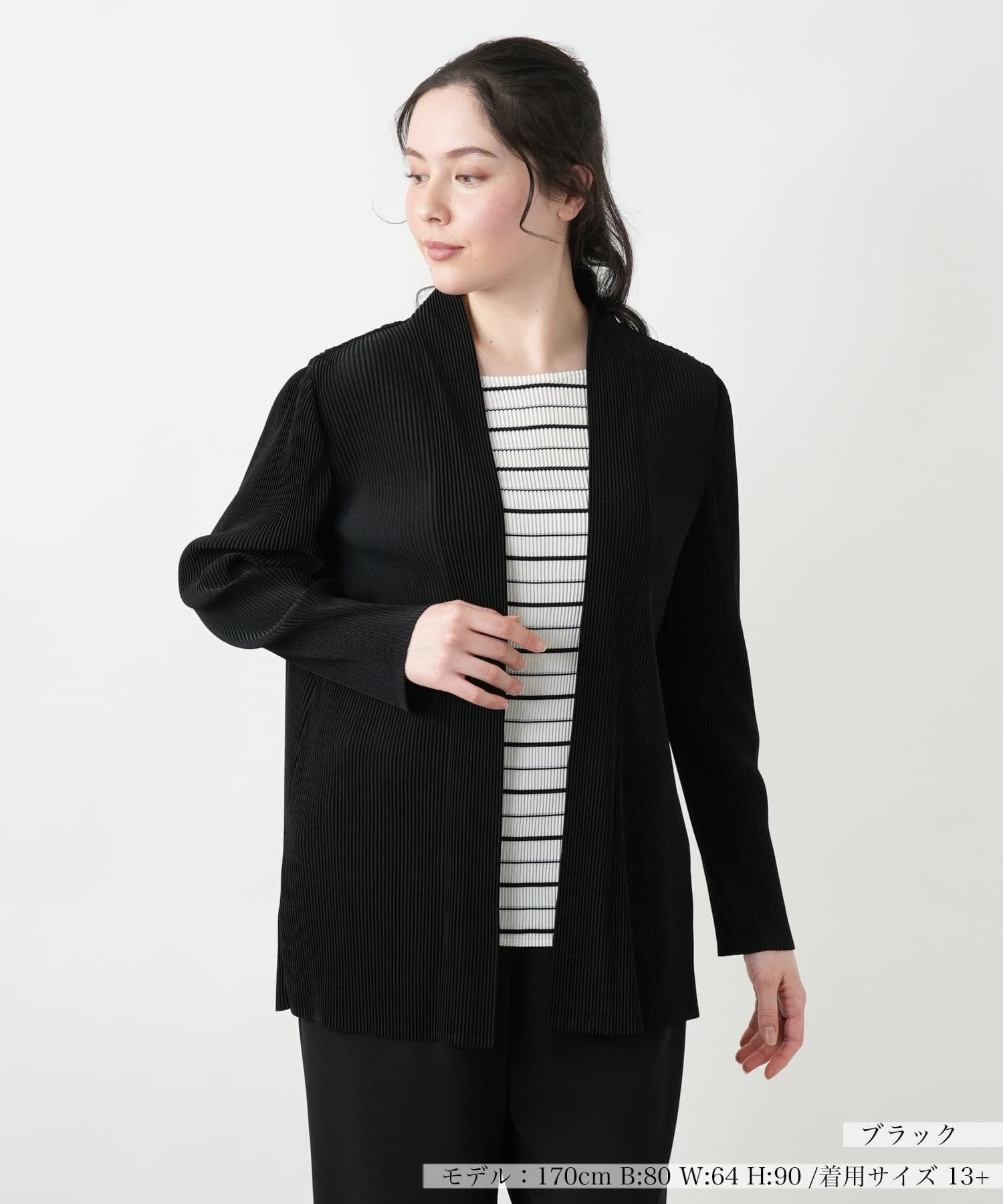 Leilian PLUS HOUSE 【店頭人気】ボーダーレイヤード風ブラウス【プラス企画】 レリアン プラスハウス トップス シャツ・ブラウス ネイビー ブラック
