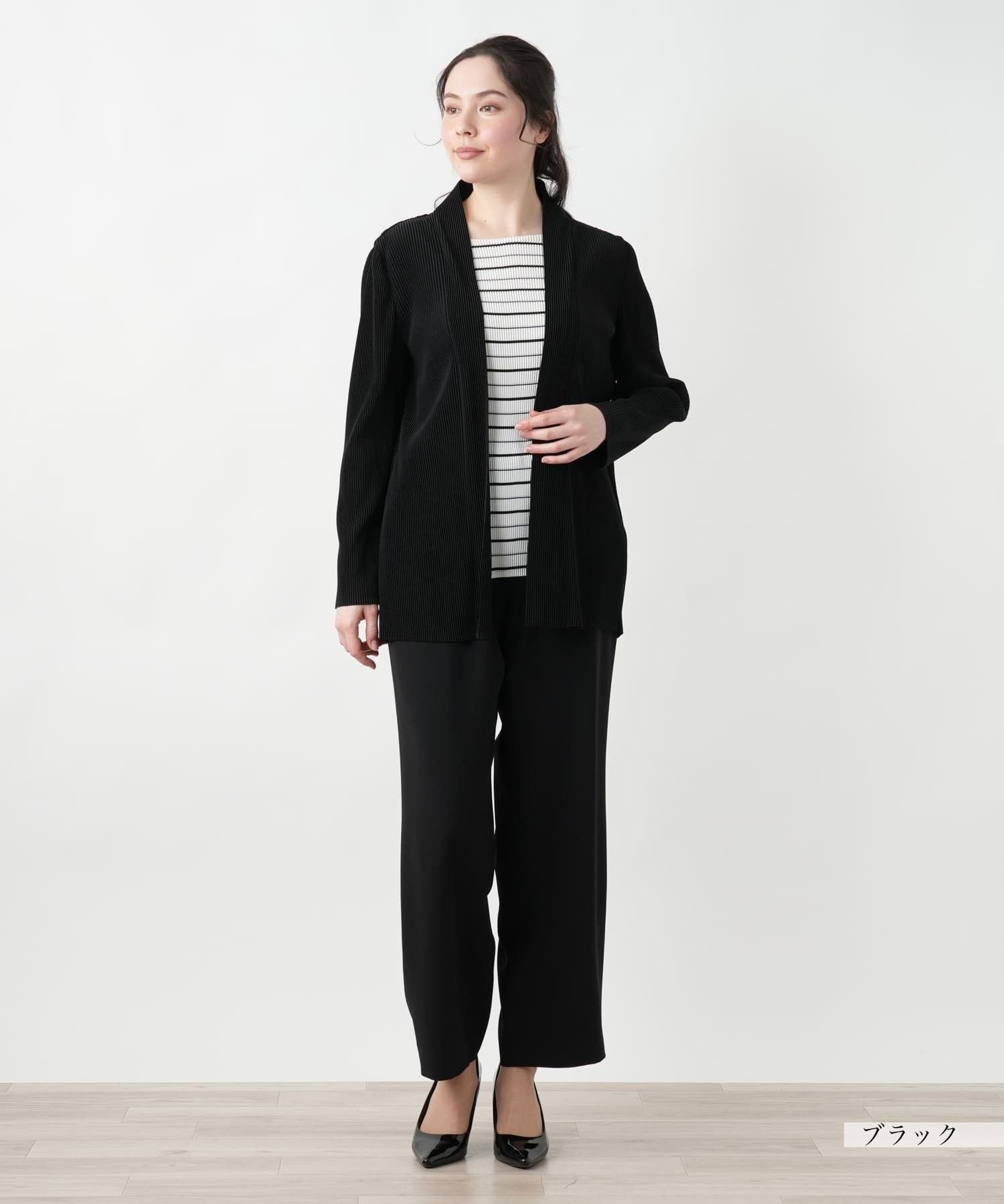 Leilian PLUS HOUSE 【店頭人気】ボーダーレイヤード風ブラウス【プラス企画】 レリアン プラスハウス トップス シャツ・ブラウス ネイビー ブラック