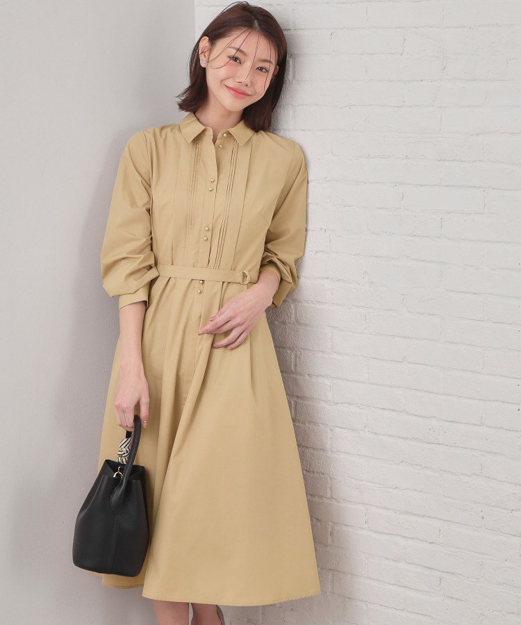 【SALE／60%OFF】index ベルト付きタックシャツワンピース【洗濯機OK/イージーアイロン】 インデックス ワンピース・ドレス その他のワンピース・ドレス ベージュ ブルー ネイビー