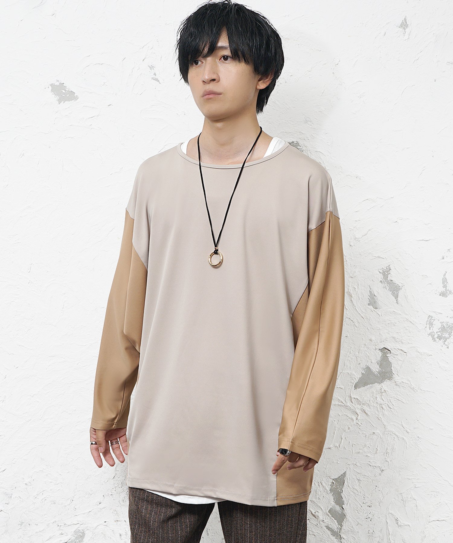 MinoriTY ドルマン切替ロングT マイノリティ トップス カットソー・Tシャツ ベージュ ネイビー