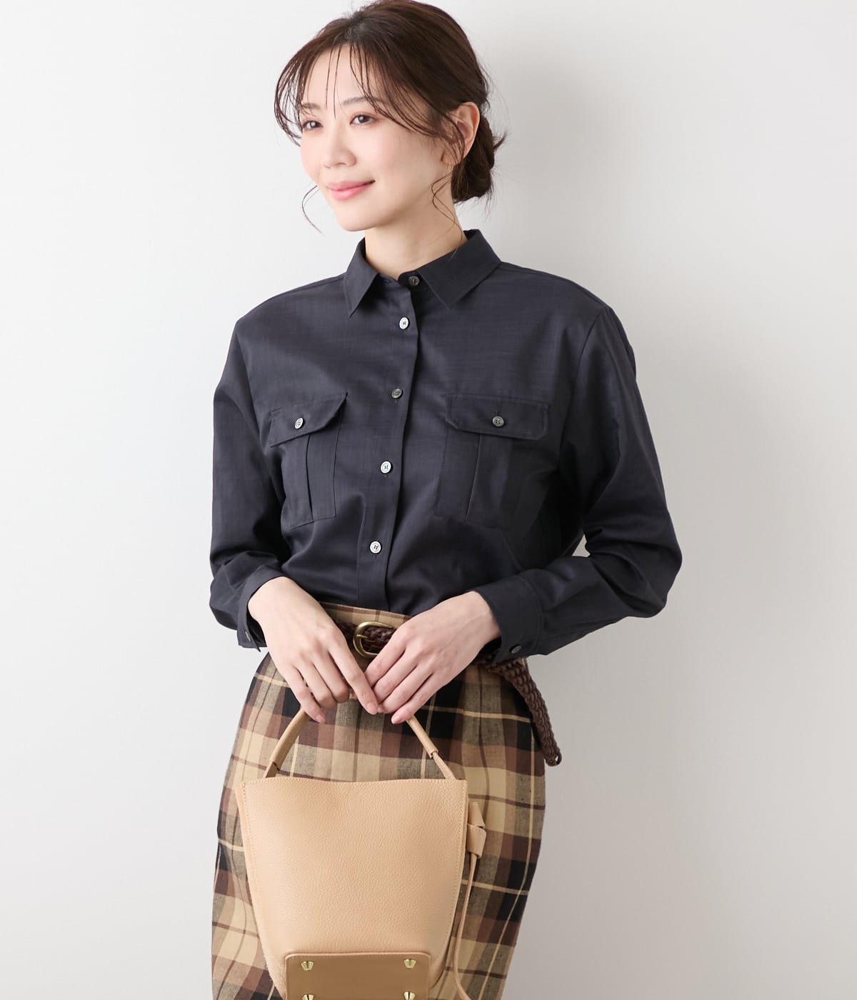NEWYORKER WOMEN L-SIZE 【L】ポリエステルラミーローン サファリシャツ ニューヨーカー エルサイズ トップス シャツ・ブラウス ネイビー ブラウン